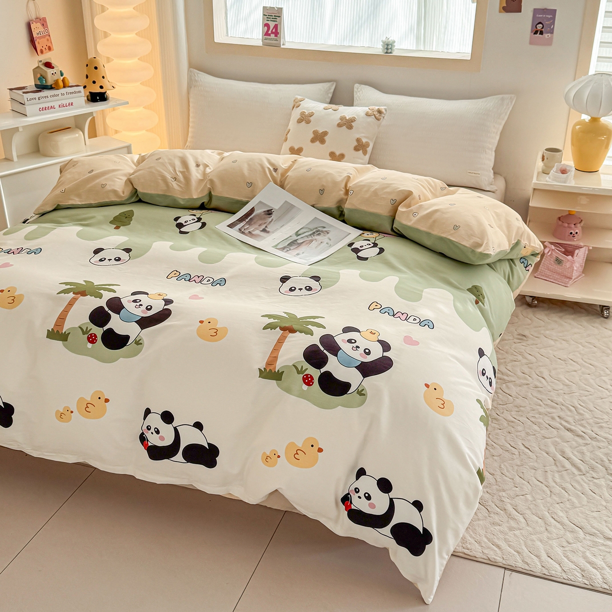 91家纺网 家纺一手货源 找家纺 小蓝孩家纺 2026新款12868全棉印花单被套(联系商家可打折，尺寸可定制) 熊猫鸭鸭乐-绿