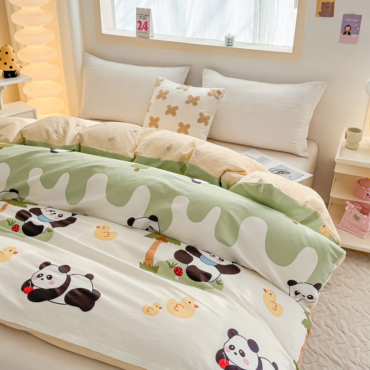 91家纺网 家纺一手货源 找家纺 小蓝孩家纺 2026新款12868全棉印花单被套(联系商家可打折，尺寸可定制) 熊猫鸭鸭乐-绿