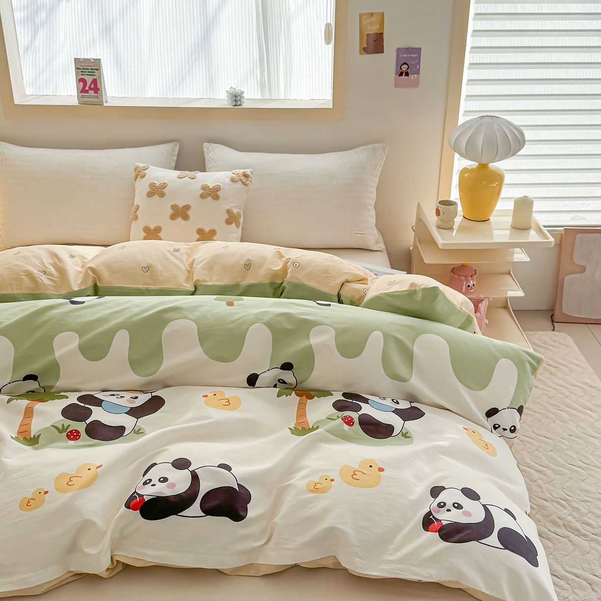 91家纺网 家纺一手货源 找家纺 小蓝孩家纺 2026新款12868全棉印花单被套(联系商家可打折，尺寸可定制) 熊猫鸭鸭乐-绿