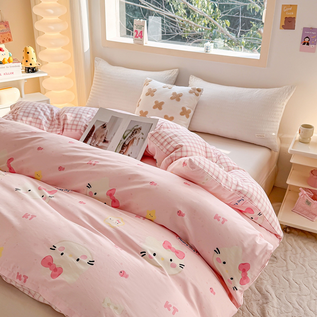 91家纺网 家纺一手货源 找家纺 小蓝孩家纺 2026新款12868全棉印花单被套(联系商家可打折，尺寸可定制) 甜心猫咪