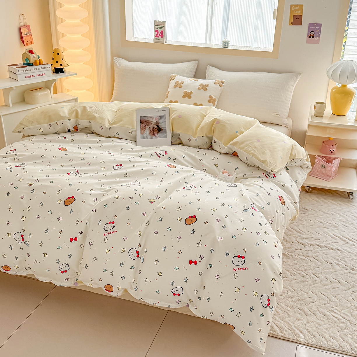 91家纺网 家纺一手货源 找家纺 小蓝孩家纺 2026新款12868全棉印花单被套(联系商家可打折，尺寸可定制) 星星凯蒂猫