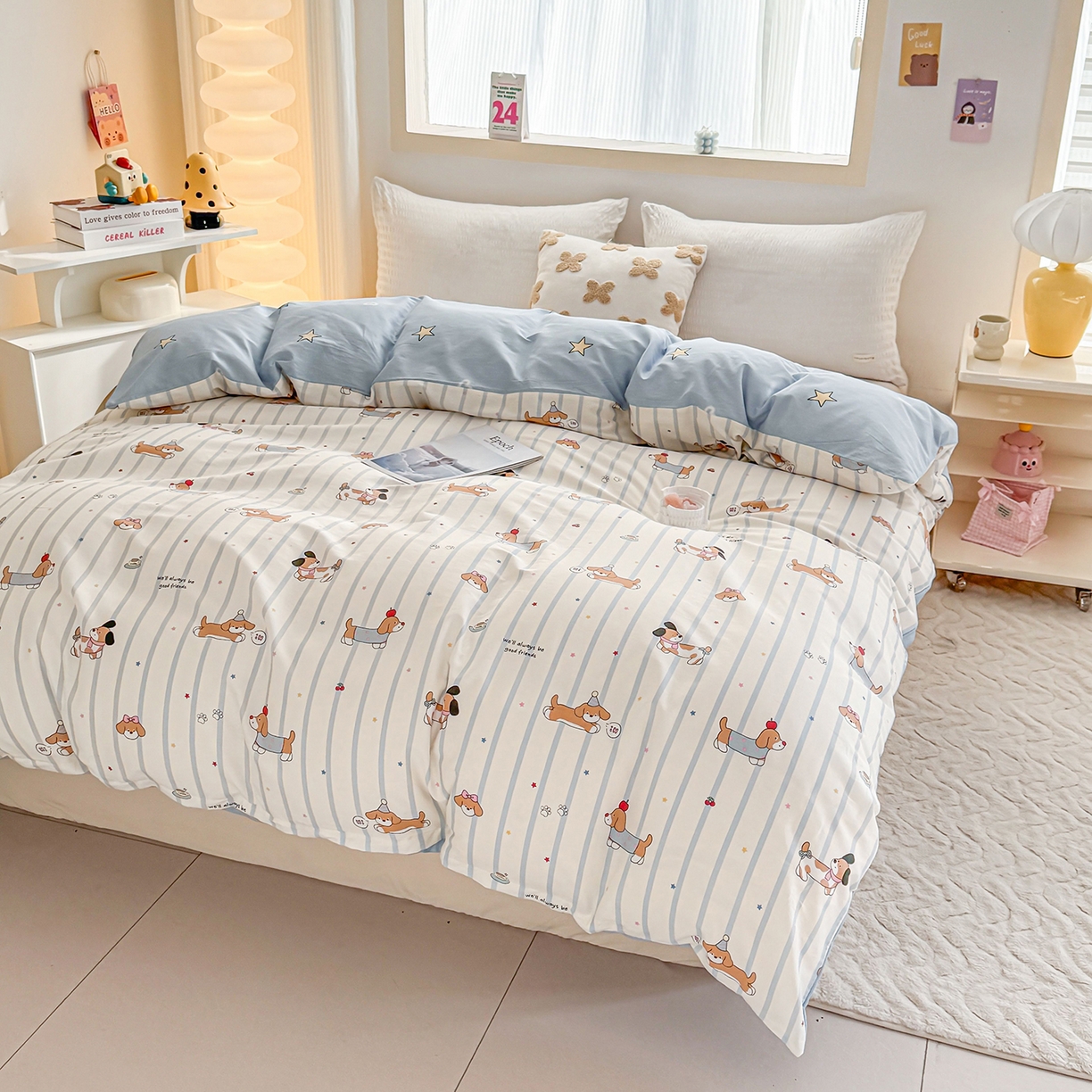 91家纺网 家纺一手货源 找家纺 小蓝孩家纺 2026新款12868全棉印花单被套(联系商家可打折，尺寸可定制) 糖纸童年