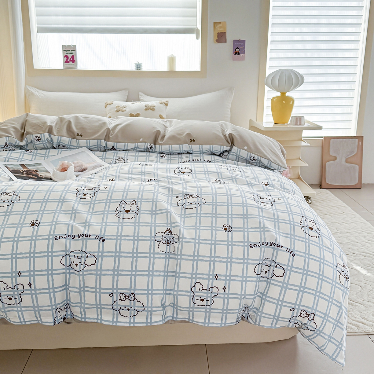 91家纺网 家纺一手货源 找家纺 小蓝孩家纺 2026新款12868全棉印花单被套(联系商家可打折，尺寸可定制) 忧郁棕熊