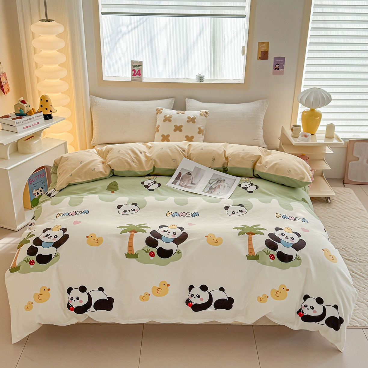 91家纺网 家纺一手货源 找家纺 小蓝孩家纺 2026新款12868全棉印花单被套(联系商家可打折，尺寸可定制) 熊猫鸭鸭乐-绿