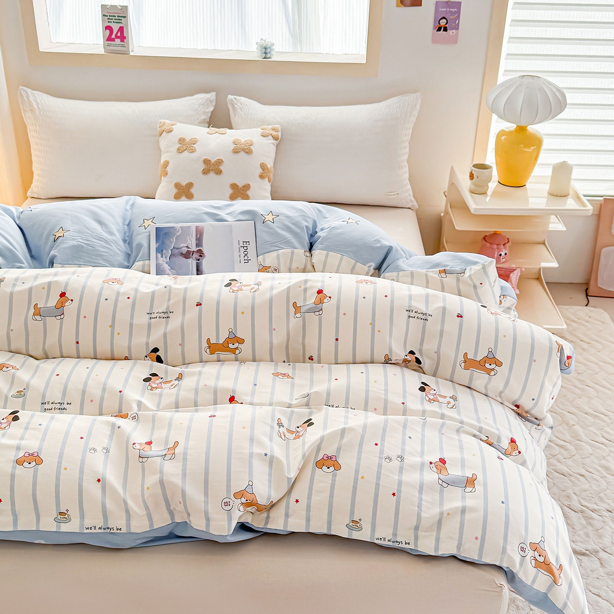 91家纺网 家纺一手货源 找家纺 小蓝孩家纺 2026新款12868全棉印花单被套(联系商家可打折，尺寸可定制) 糖纸童年