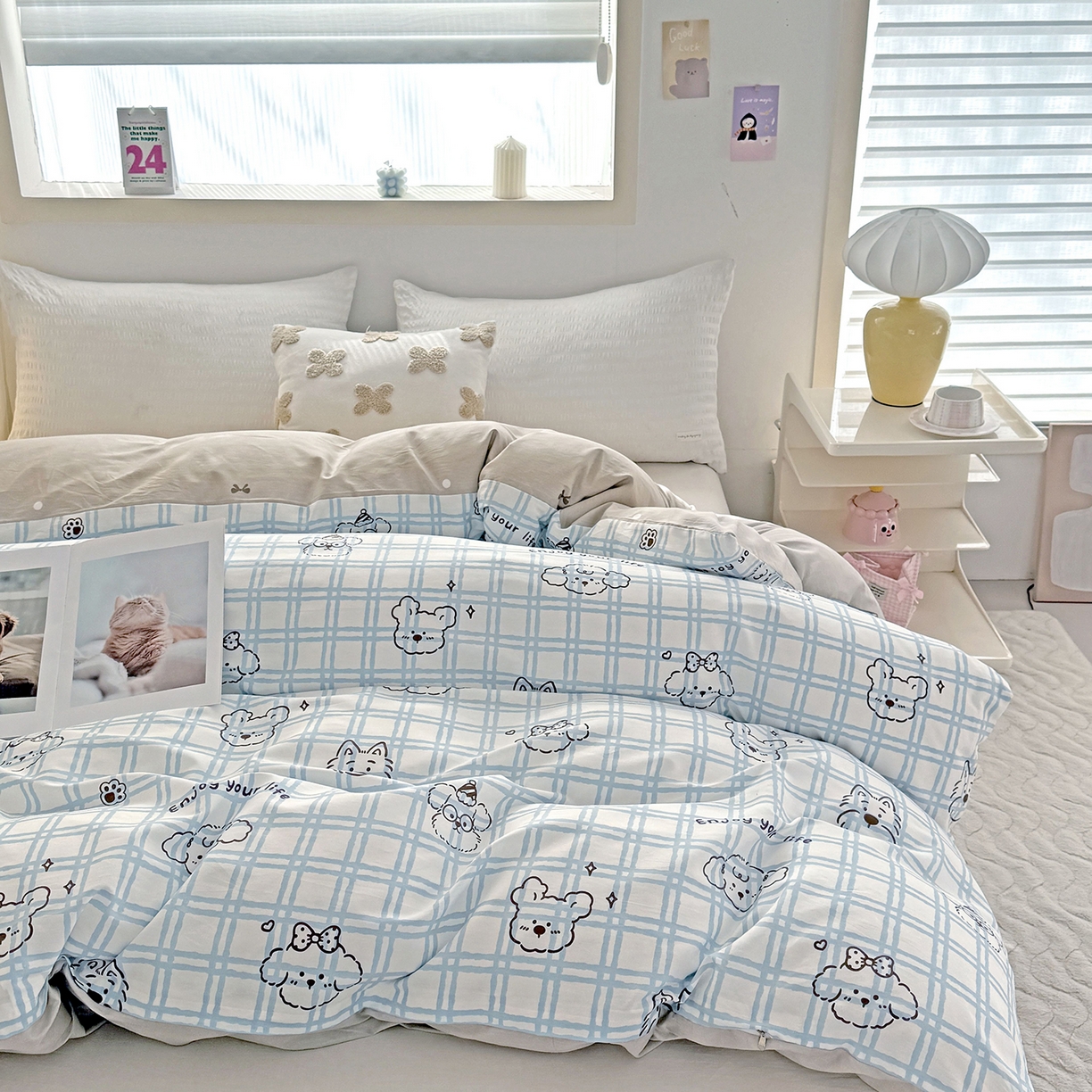 91家纺网 家纺一手货源 找家纺 小蓝孩家纺 2026新款12868全棉印花单被套(联系商家可打折，尺寸可定制) 忧郁棕熊