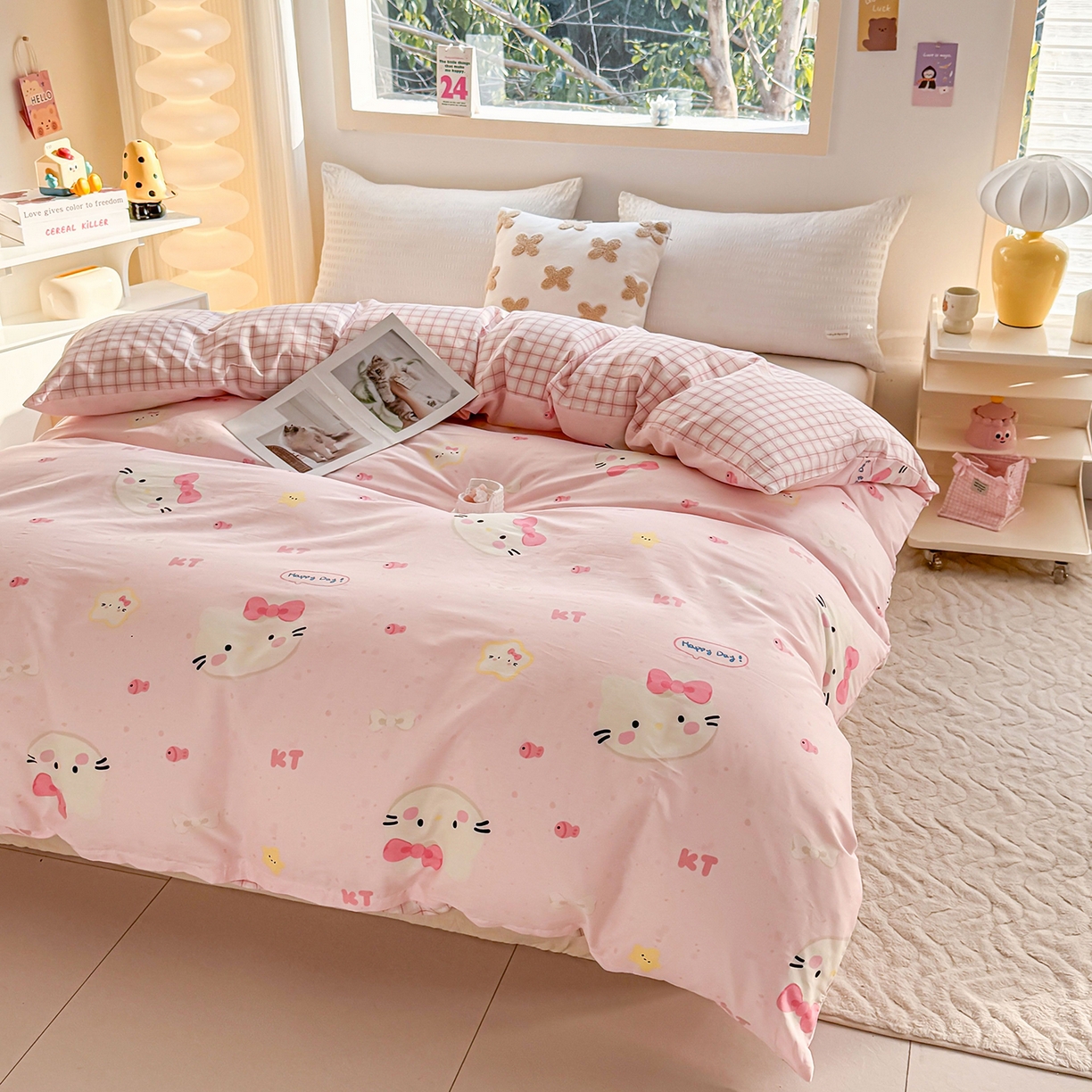 91家纺网 家纺一手货源 找家纺 小蓝孩家纺 2026新款12868全棉印花单被套(联系商家可打折，尺寸可定制) 甜心猫咪