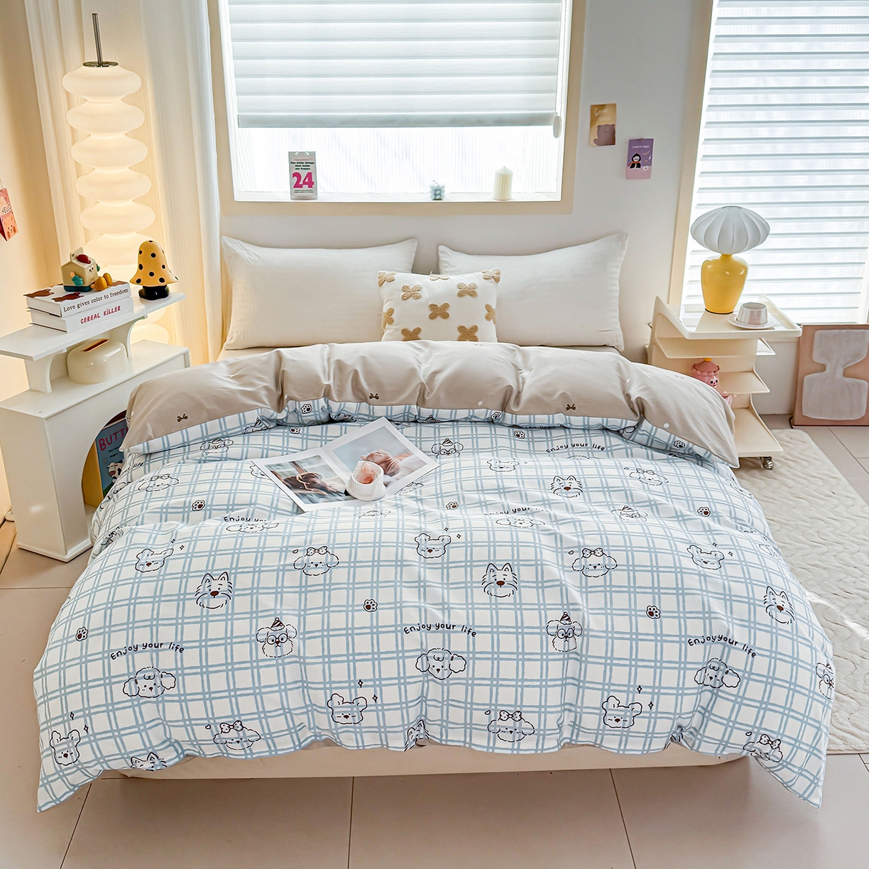 91家纺网 家纺一手货源 找家纺 小蓝孩家纺 2026新款12868全棉印花单被套(联系商家可打折，尺寸可定制) 忧郁棕熊