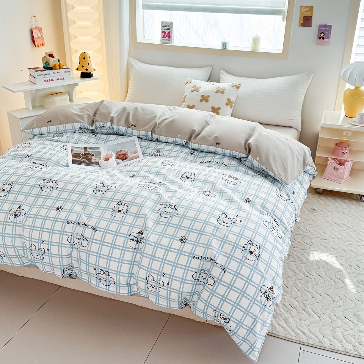 91家纺网 家纺一手货源 找家纺 小蓝孩家纺 2026新款12868全棉印花单被套(联系商家可打折，尺寸可定制) 忧郁棕熊