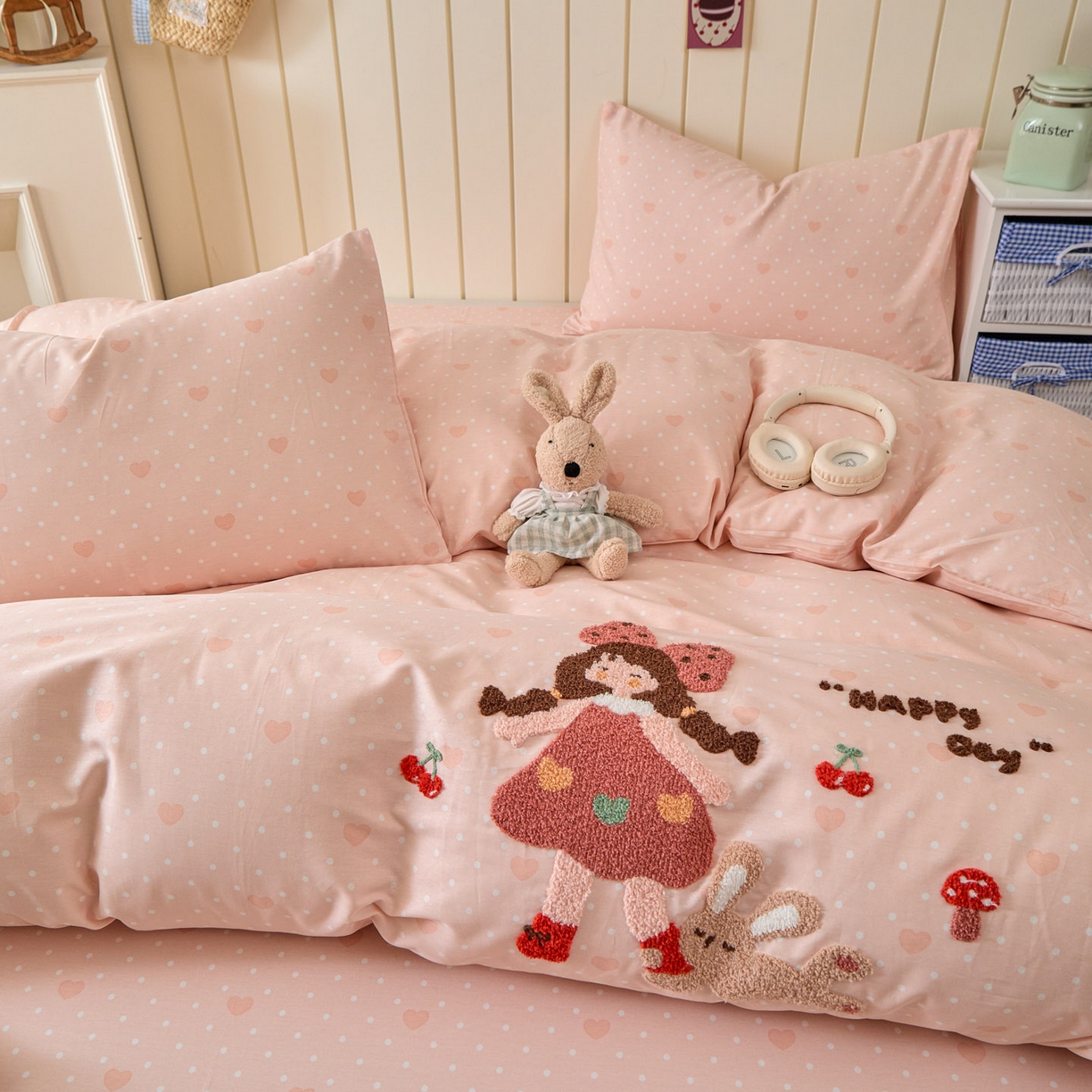 91家纺网 家纺一手货源 找家纺 倾慕家纺 2026新款全棉卡通毛巾绣系列四件套 小兔女孩