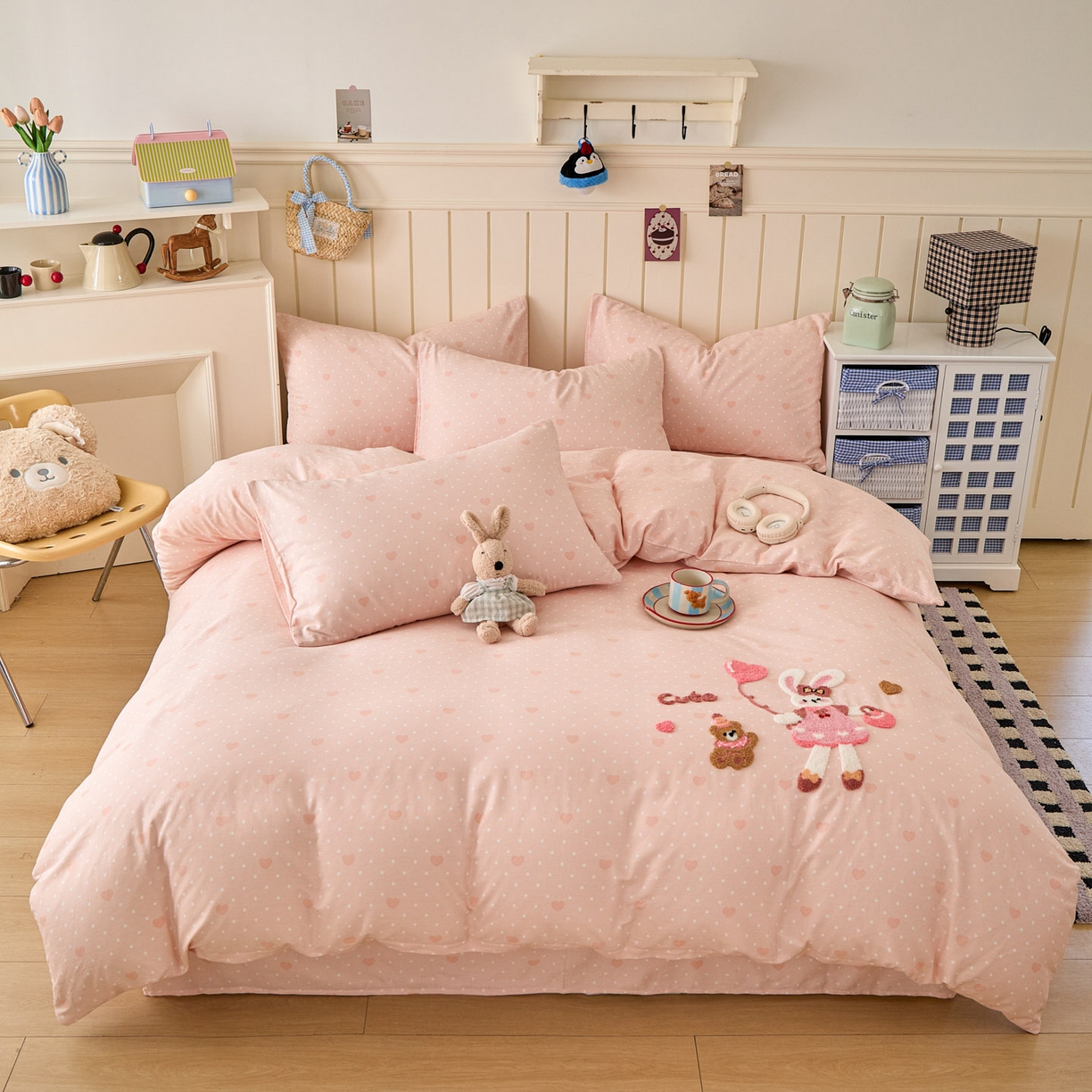 91家纺网 家纺一手货源 找家纺 倾慕家纺 2026新款全棉卡通毛巾绣系列四件套 兔兔熊