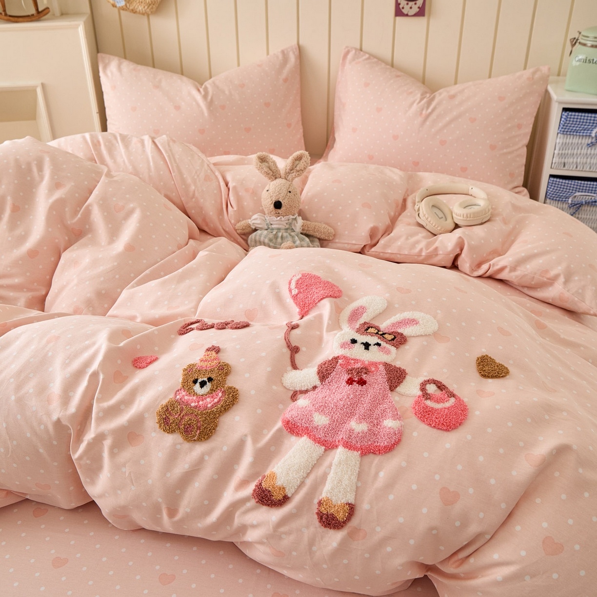 91家纺网 家纺一手货源 找家纺 倾慕家纺 2026新款全棉卡通毛巾绣系列四件套 兔兔熊