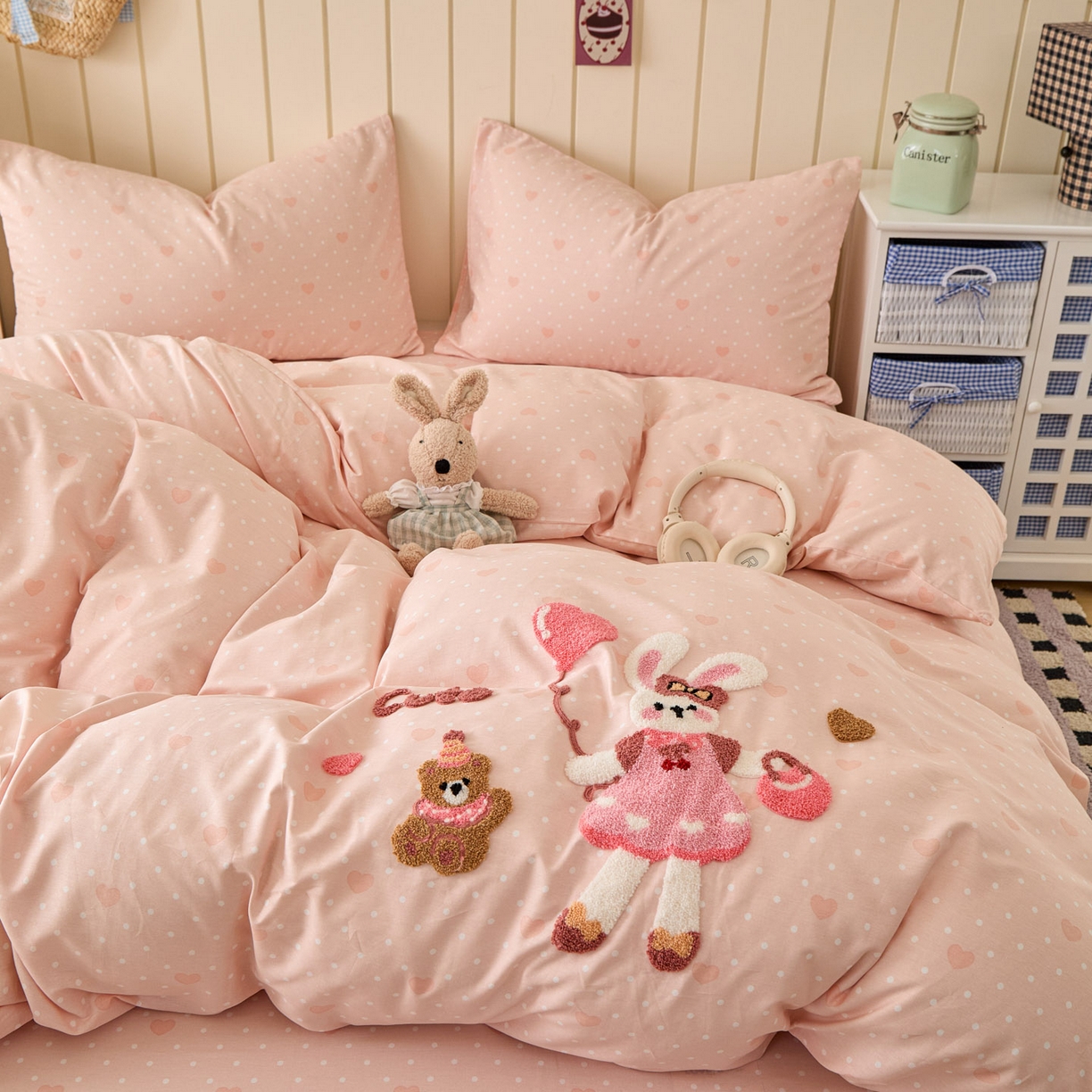 91家纺网 家纺一手货源 找家纺 倾慕家纺 2026新款全棉卡通毛巾绣系列四件套 兔兔熊