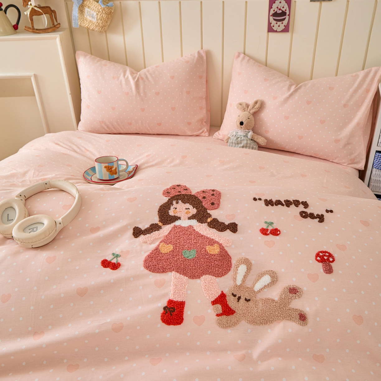 91家纺网 家纺一手货源 找家纺 倾慕家纺 2026新款全棉卡通毛巾绣系列四件套 小兔女孩