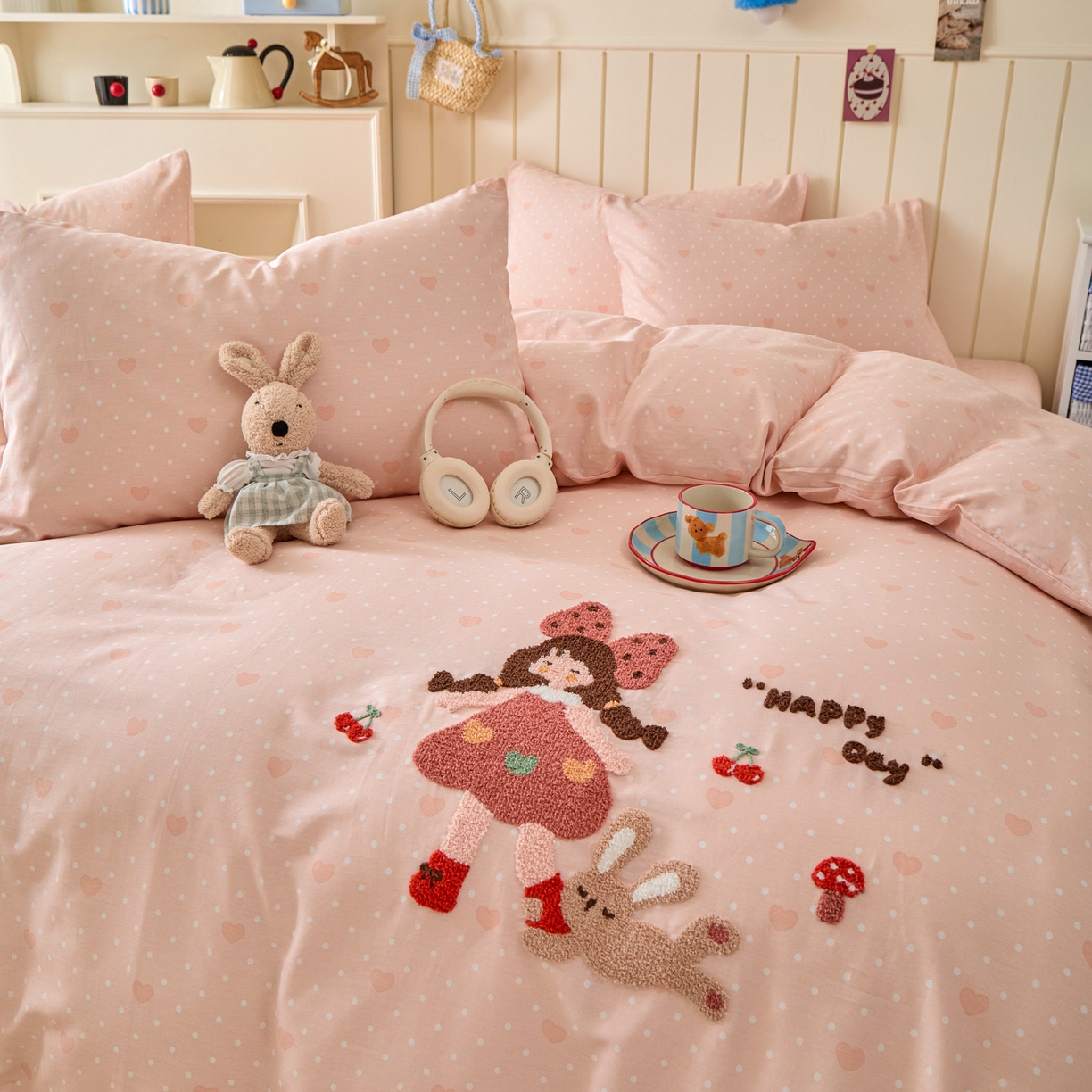 91家纺网 家纺一手货源 找家纺 倾慕家纺 2026新款全棉卡通毛巾绣系列四件套 小兔女孩