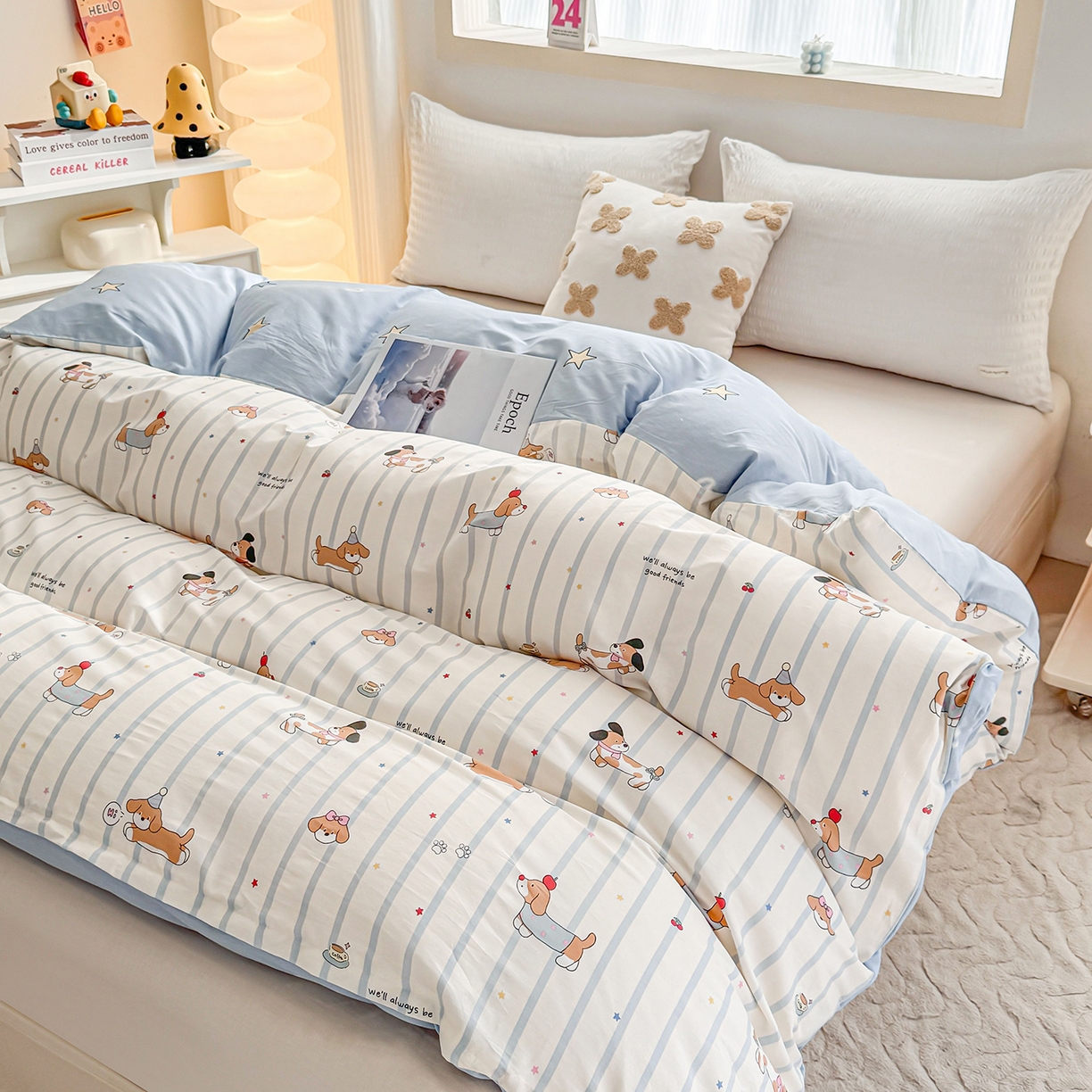 91家纺网 家纺一手货源 找家纺 小蓝孩家纺 2026新款12868全棉印花单被套(联系商家可打折，尺寸可定制) 糖纸童年