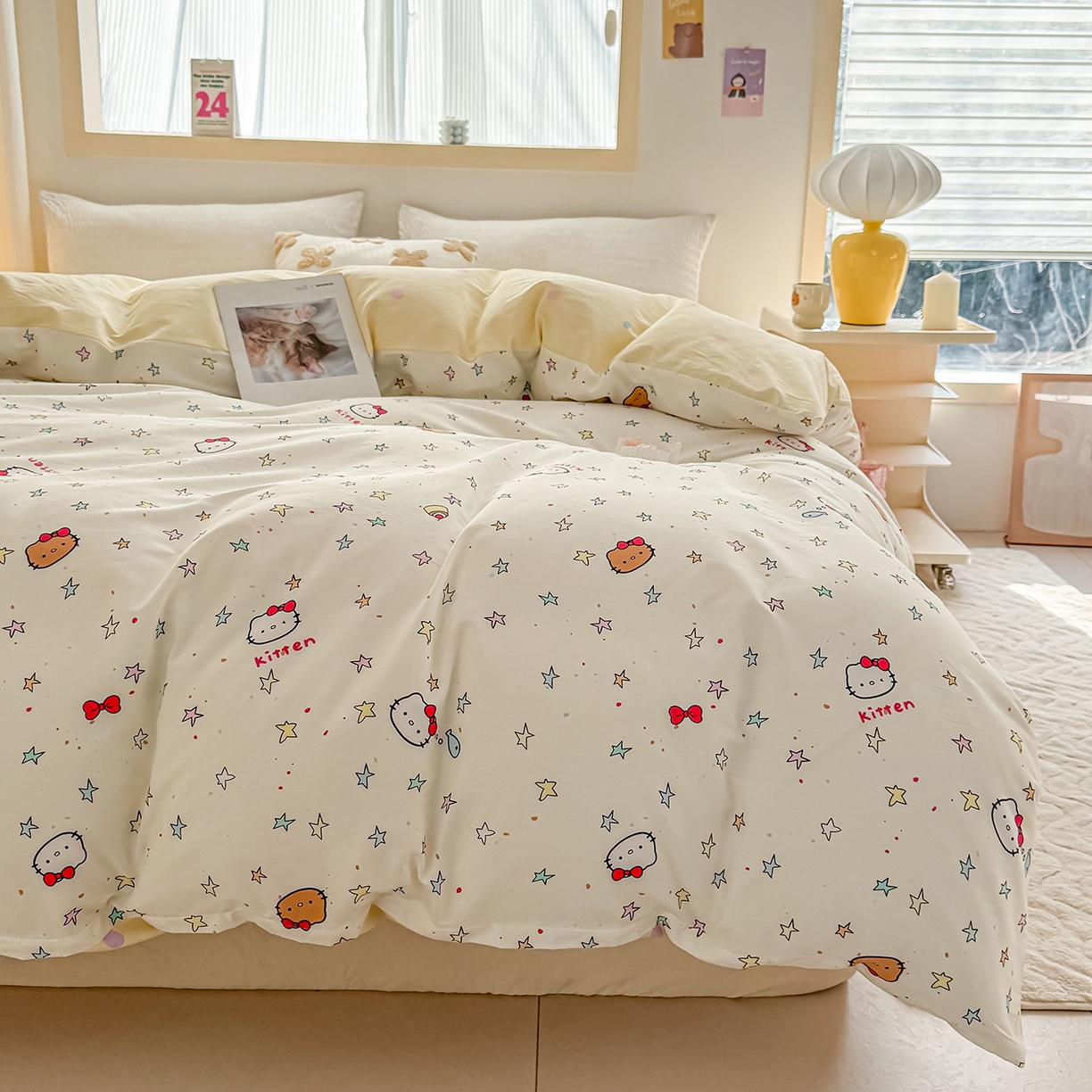 91家纺网 家纺一手货源 找家纺 小蓝孩家纺 2026新款12868全棉印花单被套(联系商家可打折，尺寸可定制) 星星凯蒂猫