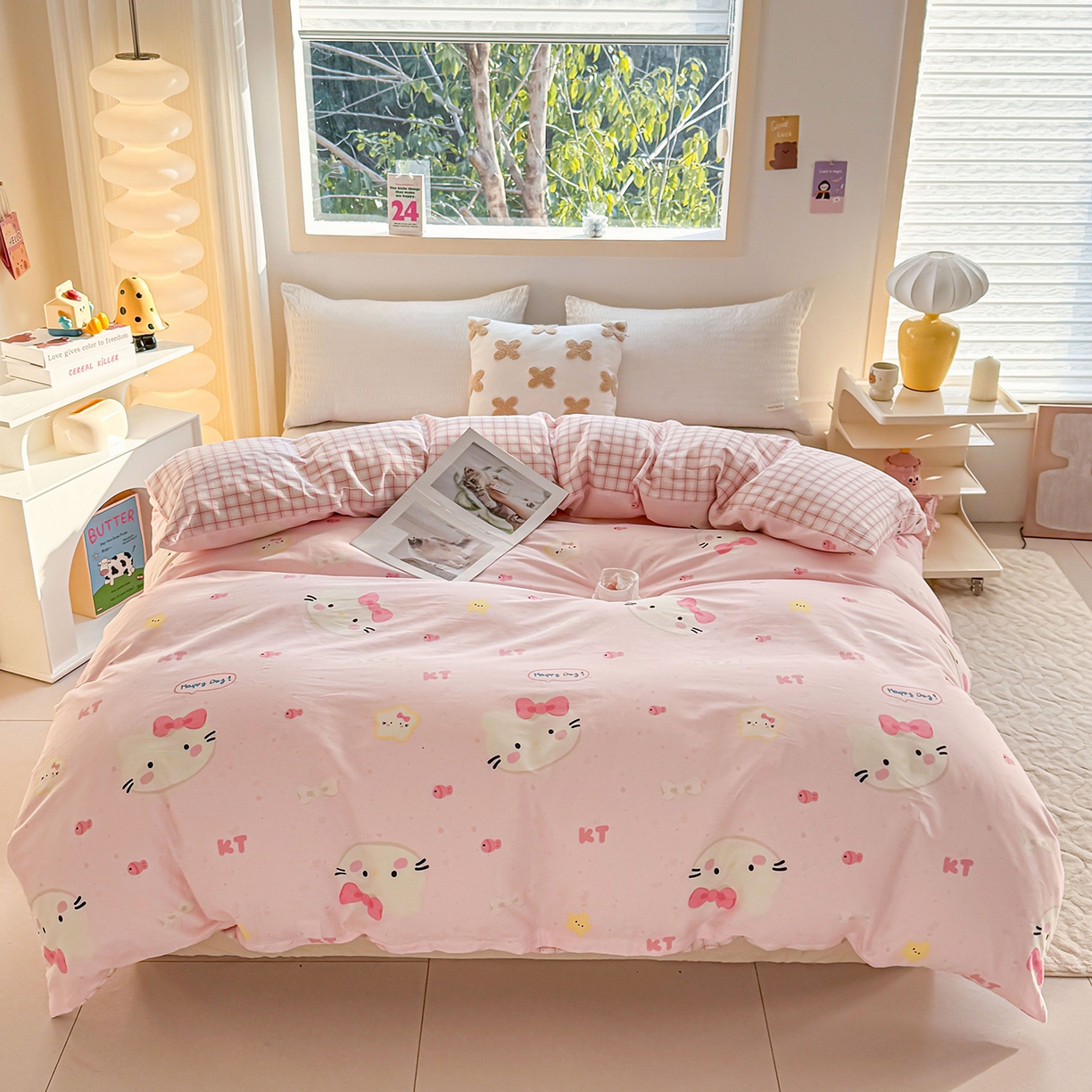 91家纺网 家纺一手货源 找家纺 小蓝孩家纺 2026新款12868全棉印花单被套(联系商家可打折，尺寸可定制) 甜心猫咪