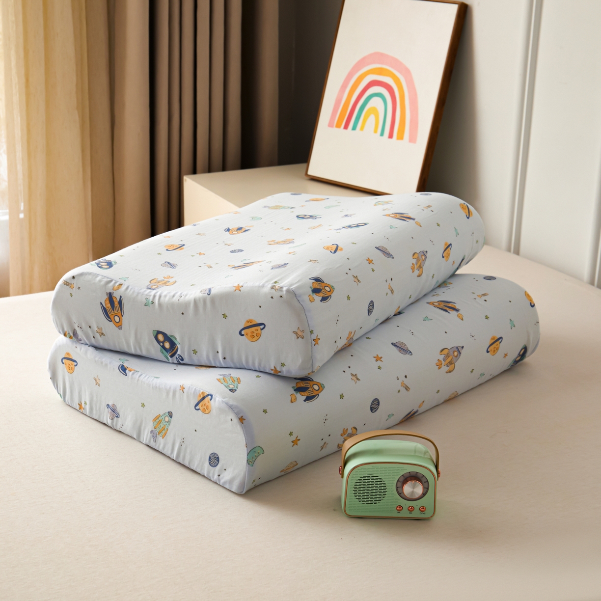 91家纺网 家纺一手货源 找家纺 百寐 2026新款全棉A类双层纱立体乳胶枕套纯棉纱布卡通碎花小清新枕套 立体-太空旅行