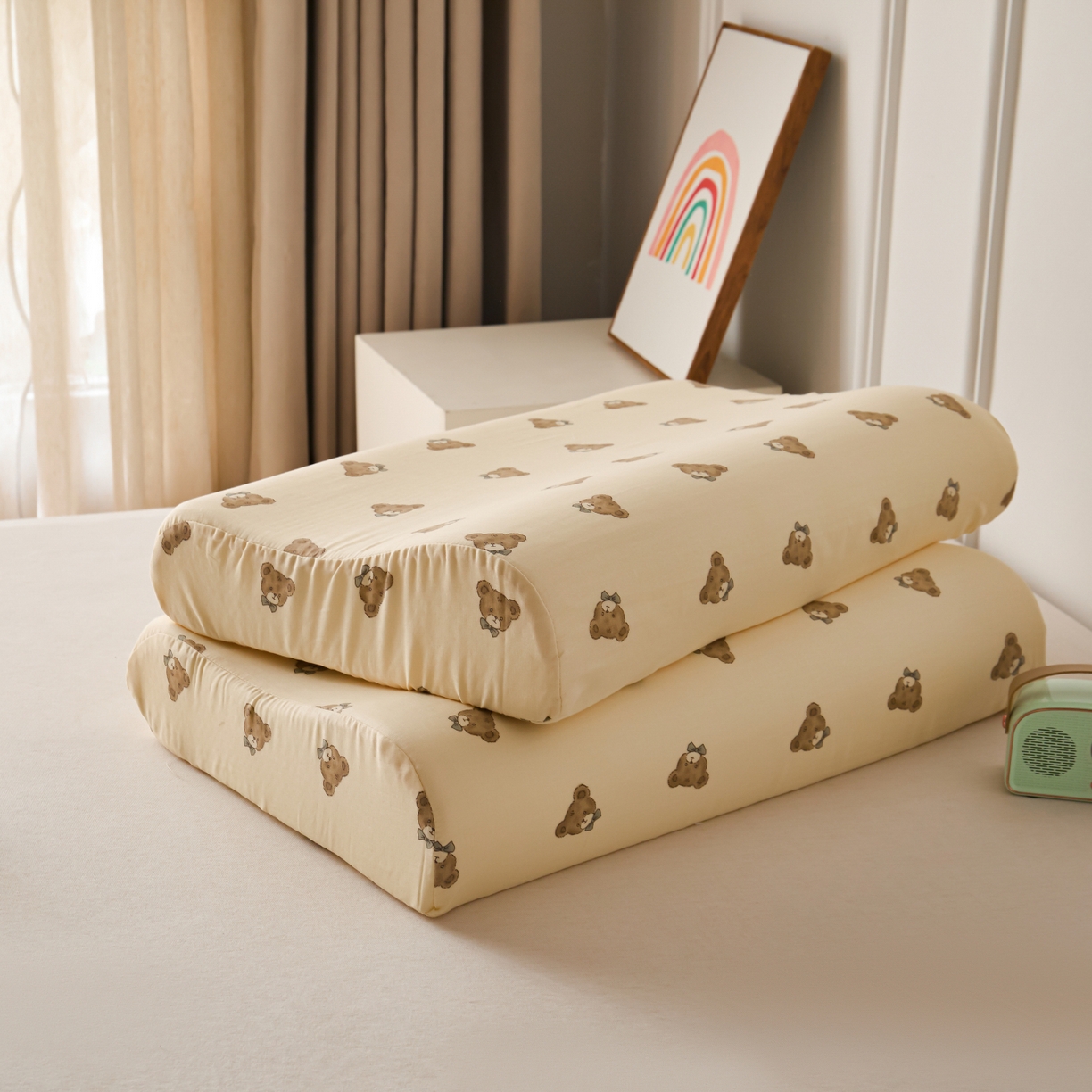 91家纺网 家纺一手货源 找家纺 百寐 2026新款全棉A类双层纱立体乳胶枕套纯棉纱布卡通碎花小清新枕套 立体-领结熊