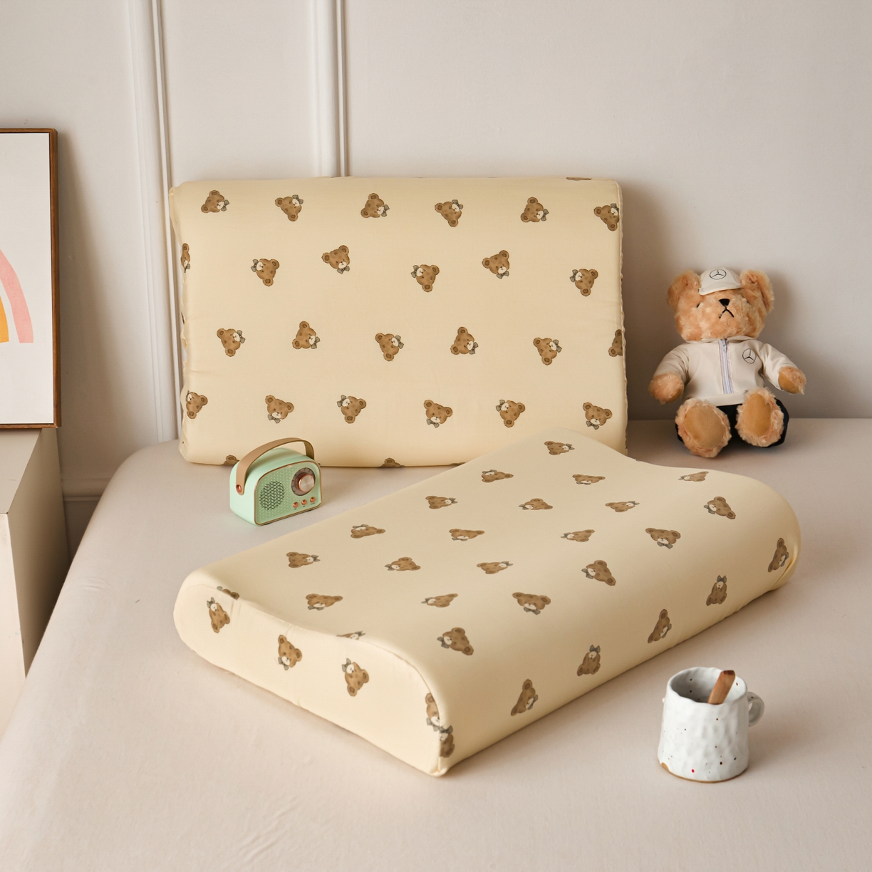 91家纺网 家纺一手货源 找家纺 百寐 2026新款全棉A类双层纱立体乳胶枕套纯棉纱布卡通碎花小清新枕套 立体-领结熊