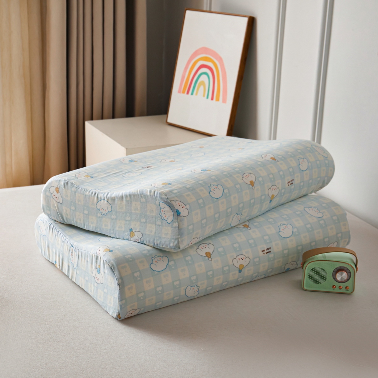 91家纺网 家纺一手货源 找家纺 百寐 2026新款全棉A类双层纱立体乳胶枕套纯棉纱布卡通碎花小清新枕套 立体-樱桃狗