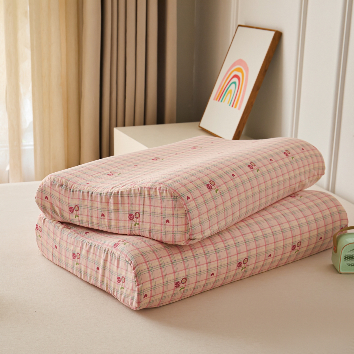 91家纺网 家纺一手货源 找家纺 百寐 2026新款全棉A类双层纱立体乳胶枕套纯棉纱布卡通碎花小清新枕套 立体-樱桃熊