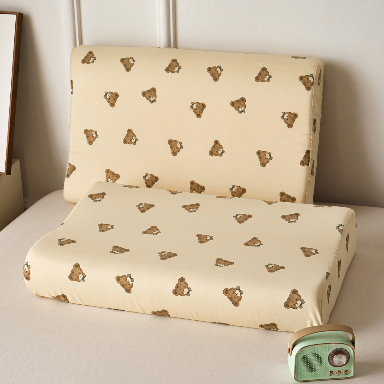 91家纺网 家纺一手货源 找家纺 百寐 2026新款全棉A类双层纱立体乳胶枕套纯棉纱布卡通碎花小清新枕套 立体-领结熊