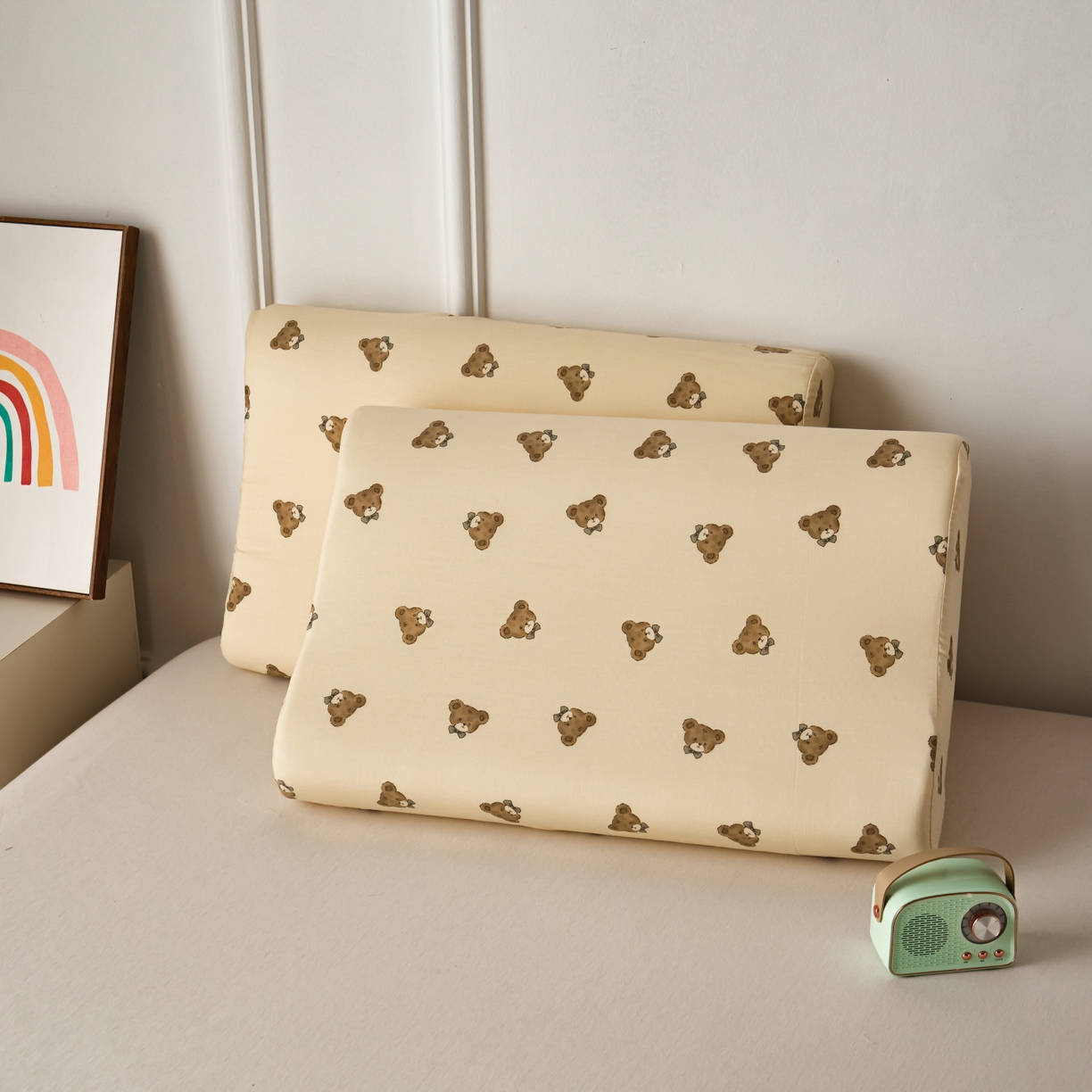 91家纺网 家纺一手货源 找家纺 百寐 2026新款全棉A类双层纱立体乳胶枕套纯棉纱布卡通碎花小清新枕套 立体-领结熊