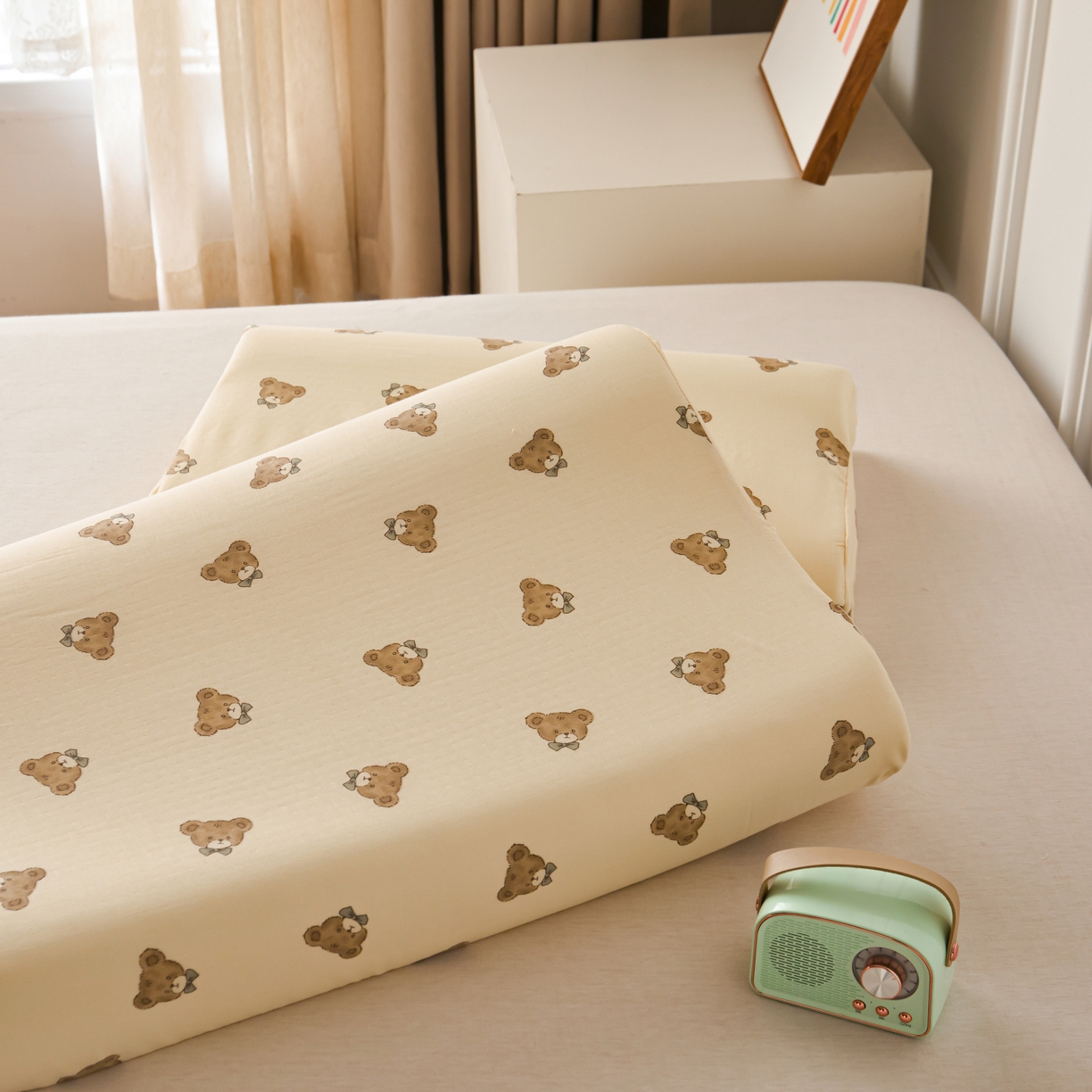 91家纺网 家纺一手货源 找家纺 百寐 2026新款全棉A类双层纱立体乳胶枕套纯棉纱布卡通碎花小清新枕套 立体-领结熊