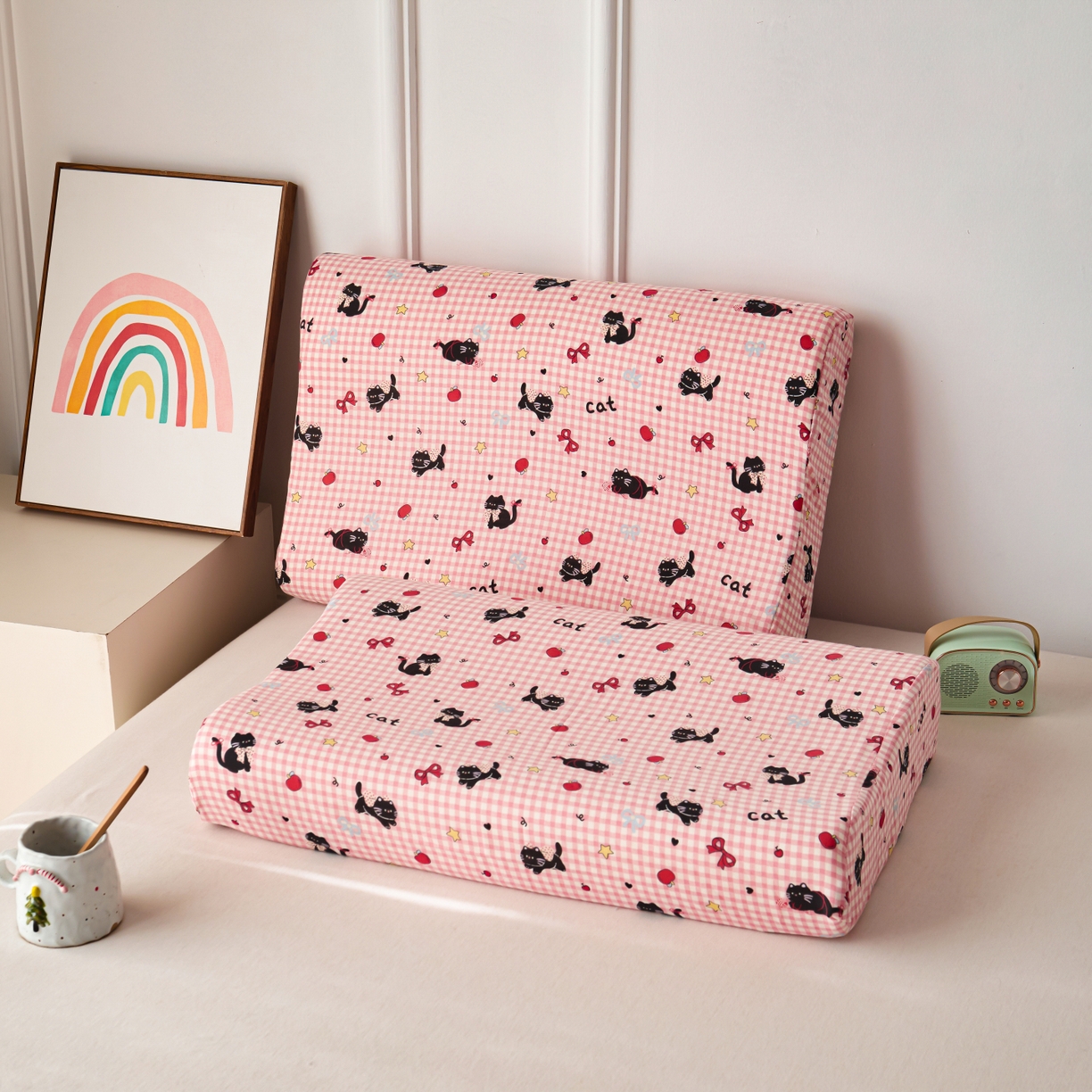 百寐 2026新款全棉A类双层纱立体乳胶枕套纯棉纱布卡通碎花小清新枕套 立体-红格猫咪