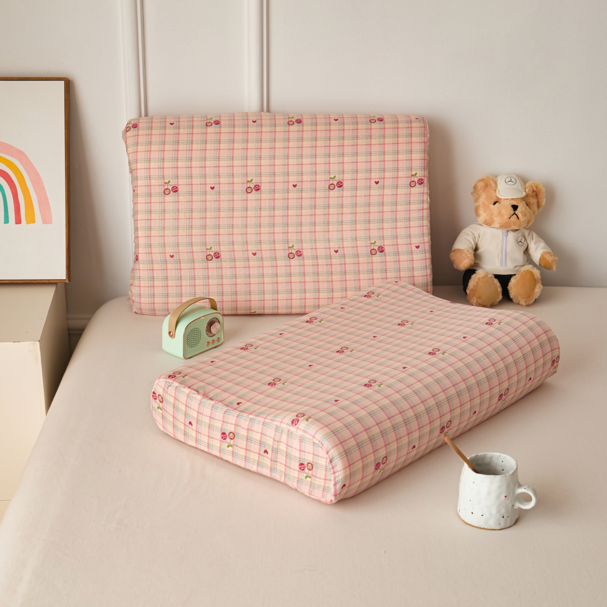 91家纺网 家纺一手货源 找家纺 百寐 2026新款全棉A类双层纱立体乳胶枕套纯棉纱布卡通碎花小清新枕套 立体-樱桃熊