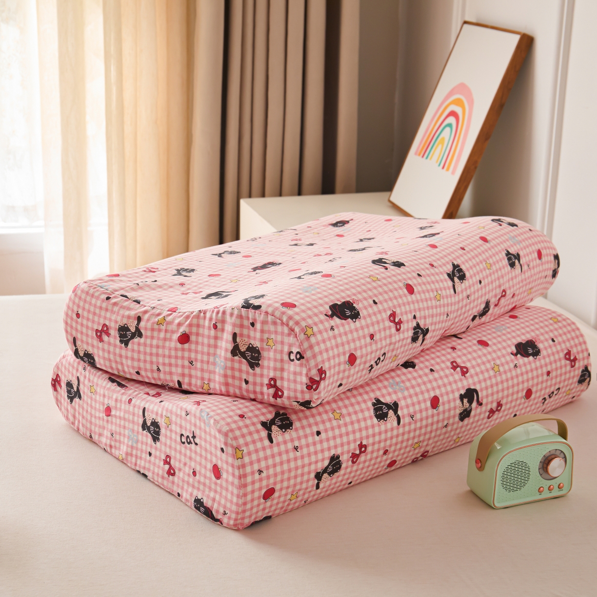 91家纺网 家纺一手货源 找家纺 百寐 2026新款全棉A类双层纱立体乳胶枕套纯棉纱布卡通碎花小清新枕套 立体-红格猫咪