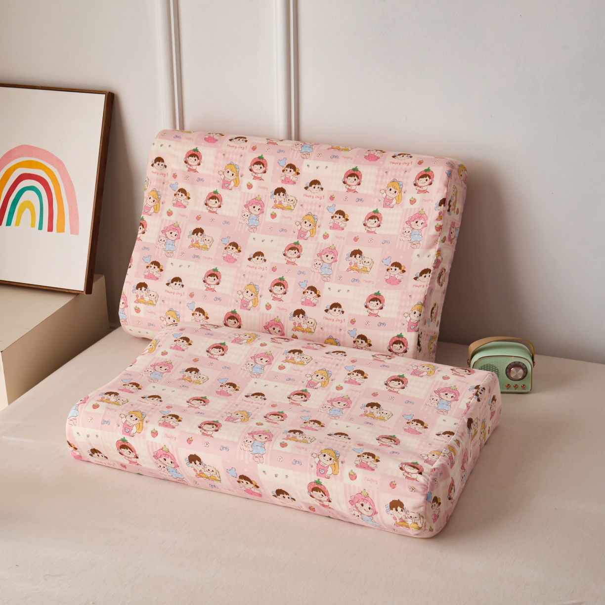 91家纺网 家纺一手货源 找家纺 百寐 2026新款全棉A类双层纱立体乳胶枕套纯棉纱布卡通碎花小清新枕套 立体-草莓女孩