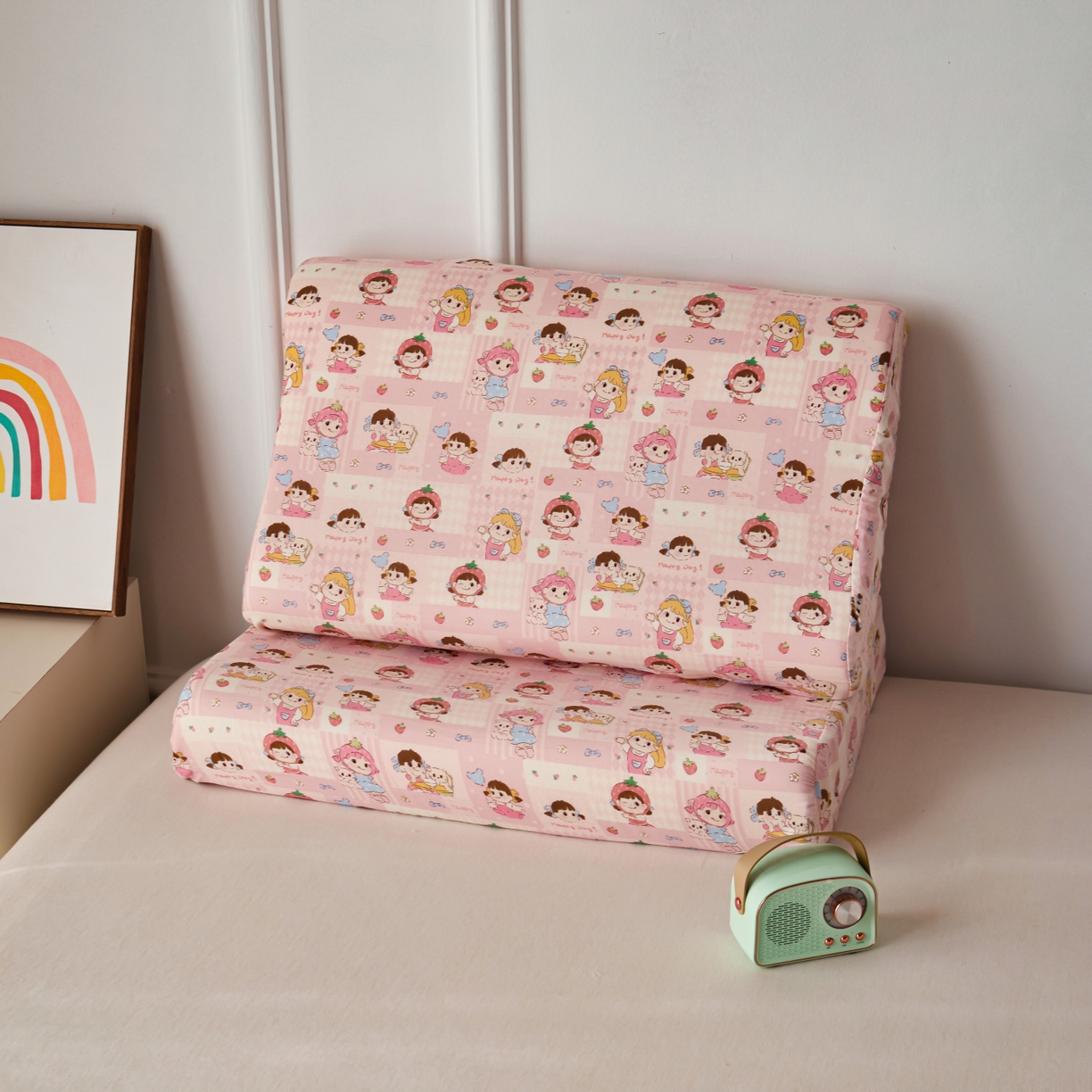 91家纺网 家纺一手货源 找家纺 百寐 2026新款全棉A类双层纱立体乳胶枕套纯棉纱布卡通碎花小清新枕套 立体-草莓女孩