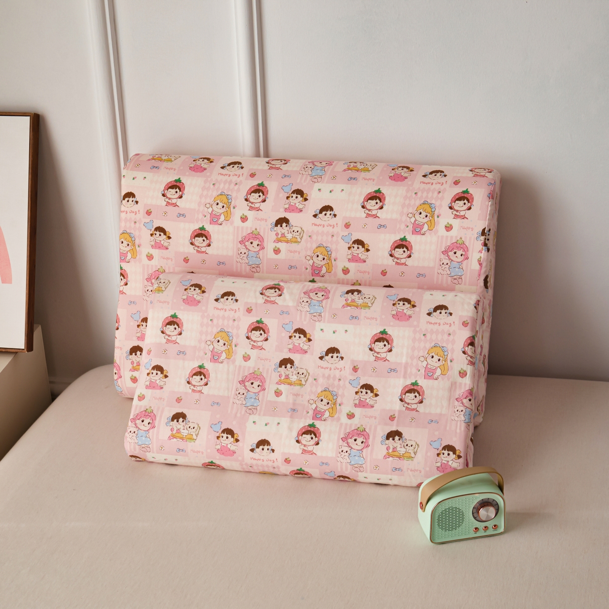 91家纺网 家纺一手货源 找家纺 百寐 2026新款全棉A类双层纱立体乳胶枕套纯棉纱布卡通碎花小清新枕套 立体-草莓女孩