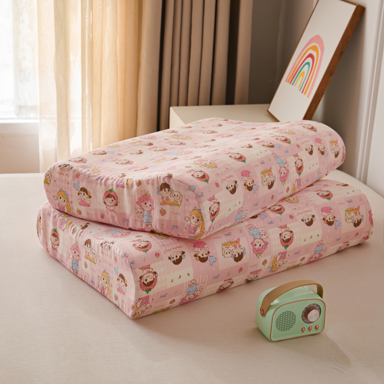 91家纺网 家纺一手货源 找家纺 百寐 2026新款全棉A类双层纱立体乳胶枕套纯棉纱布卡通碎花小清新枕套 立体-草莓女孩