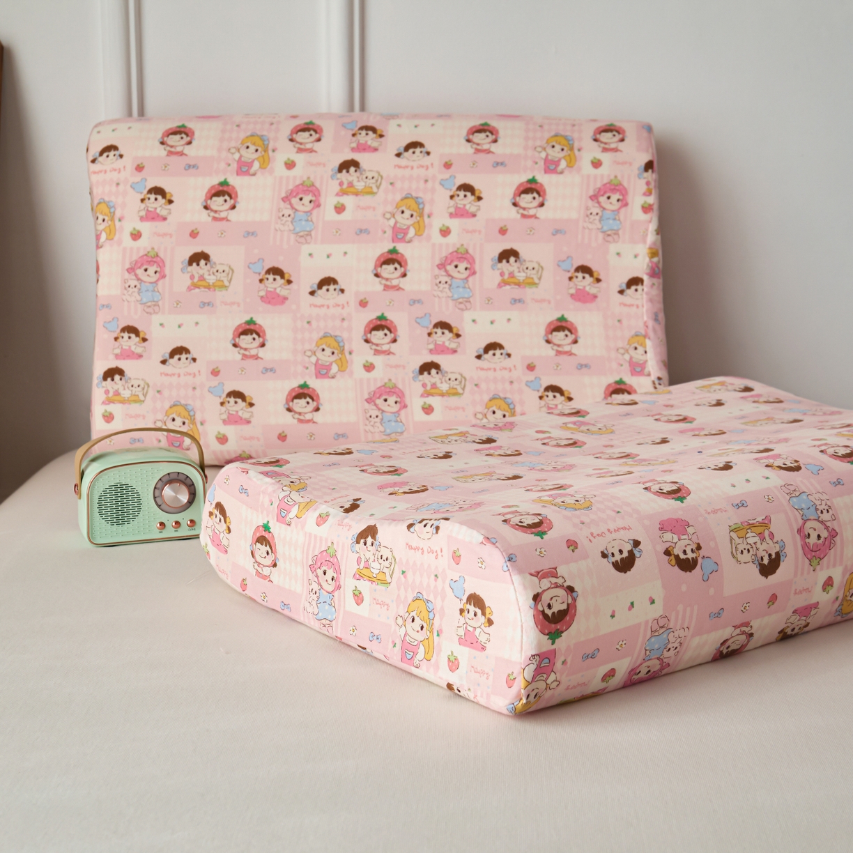 91家纺网 家纺一手货源 找家纺 百寐 2026新款全棉A类双层纱立体乳胶枕套纯棉纱布卡通碎花小清新枕套 立体-草莓女孩