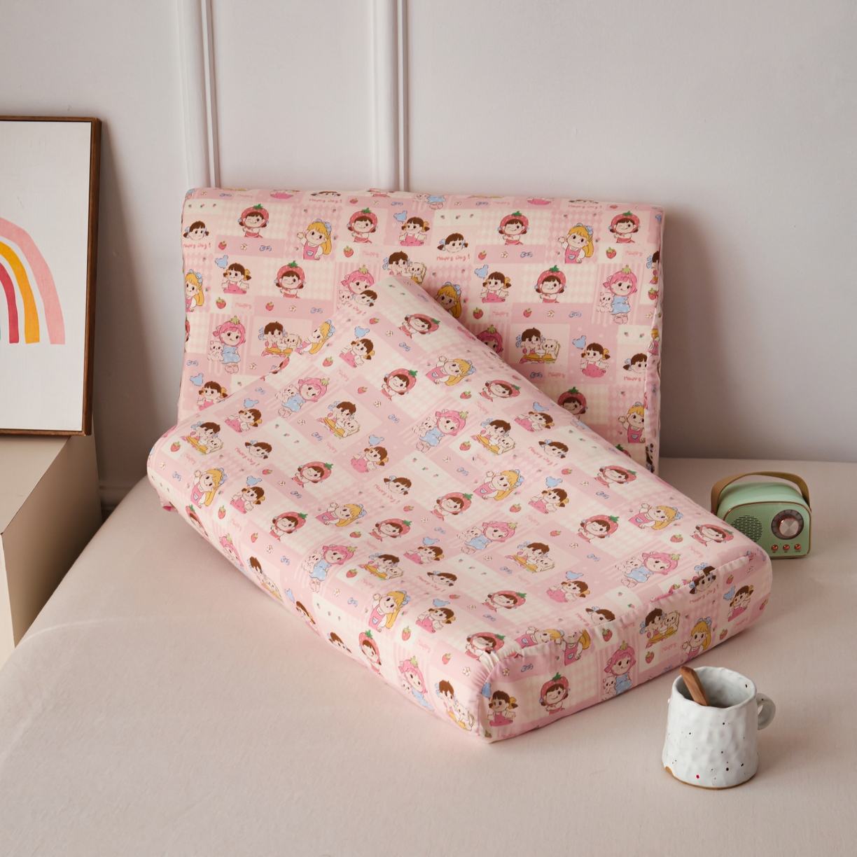 91家纺网 家纺一手货源 找家纺 百寐 2026新款全棉A类双层纱立体乳胶枕套纯棉纱布卡通碎花小清新枕套 立体-草莓女孩