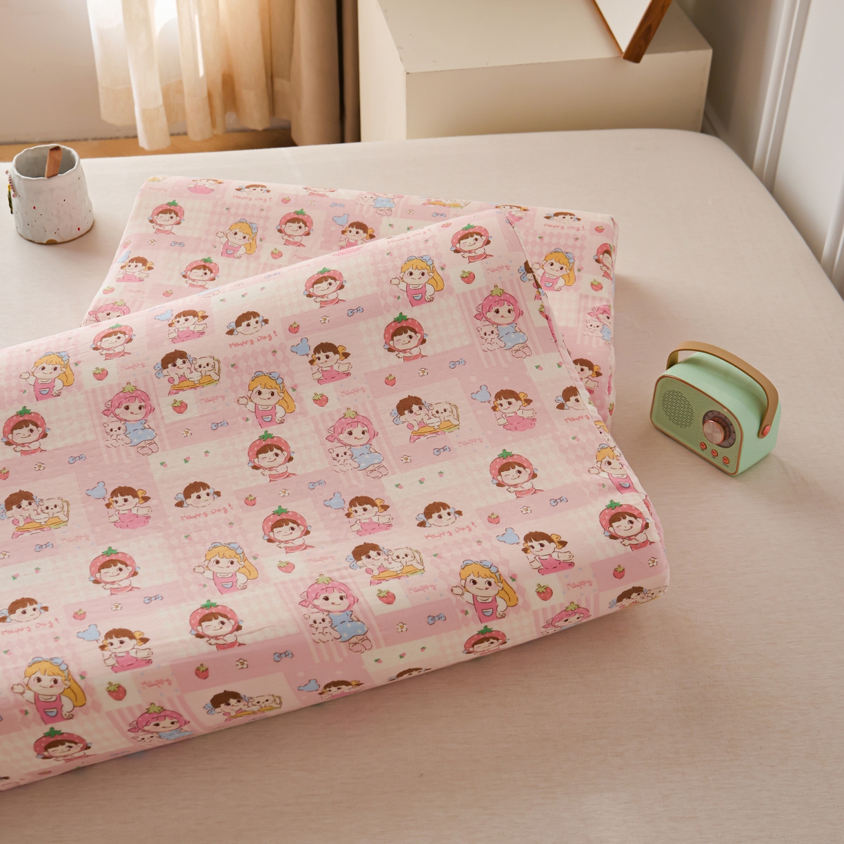 91家纺网 家纺一手货源 找家纺 百寐 2026新款全棉A类双层纱立体乳胶枕套纯棉纱布卡通碎花小清新枕套 立体-草莓女孩