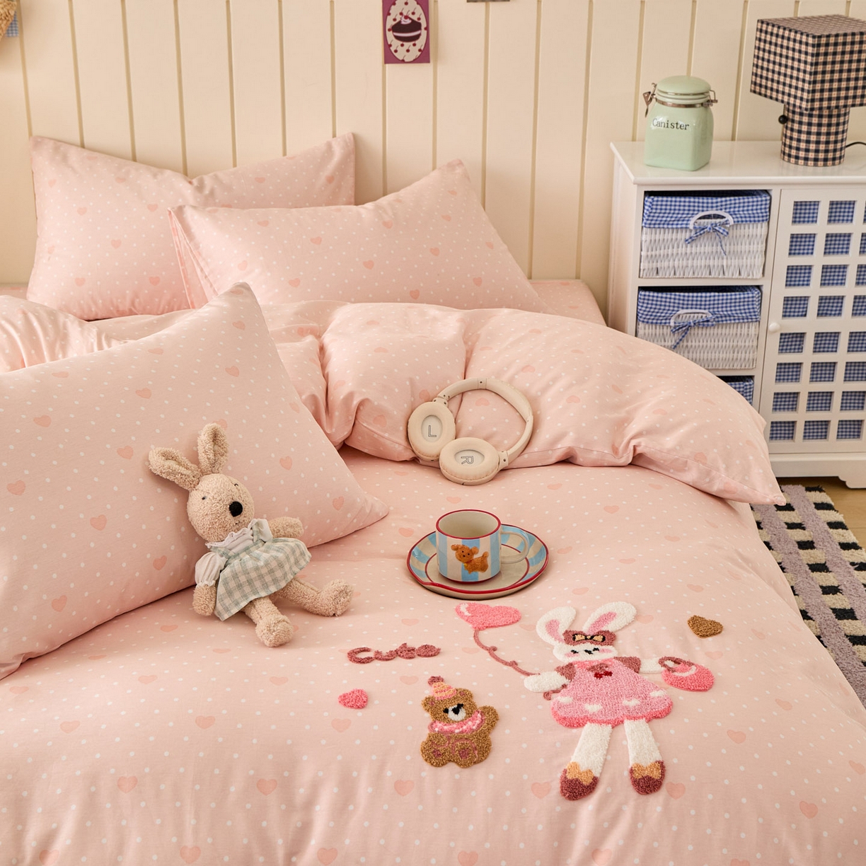 91家纺网 家纺一手货源 找家纺 倾慕家纺 2026新款全棉卡通毛巾绣系列单被套 兔兔熊