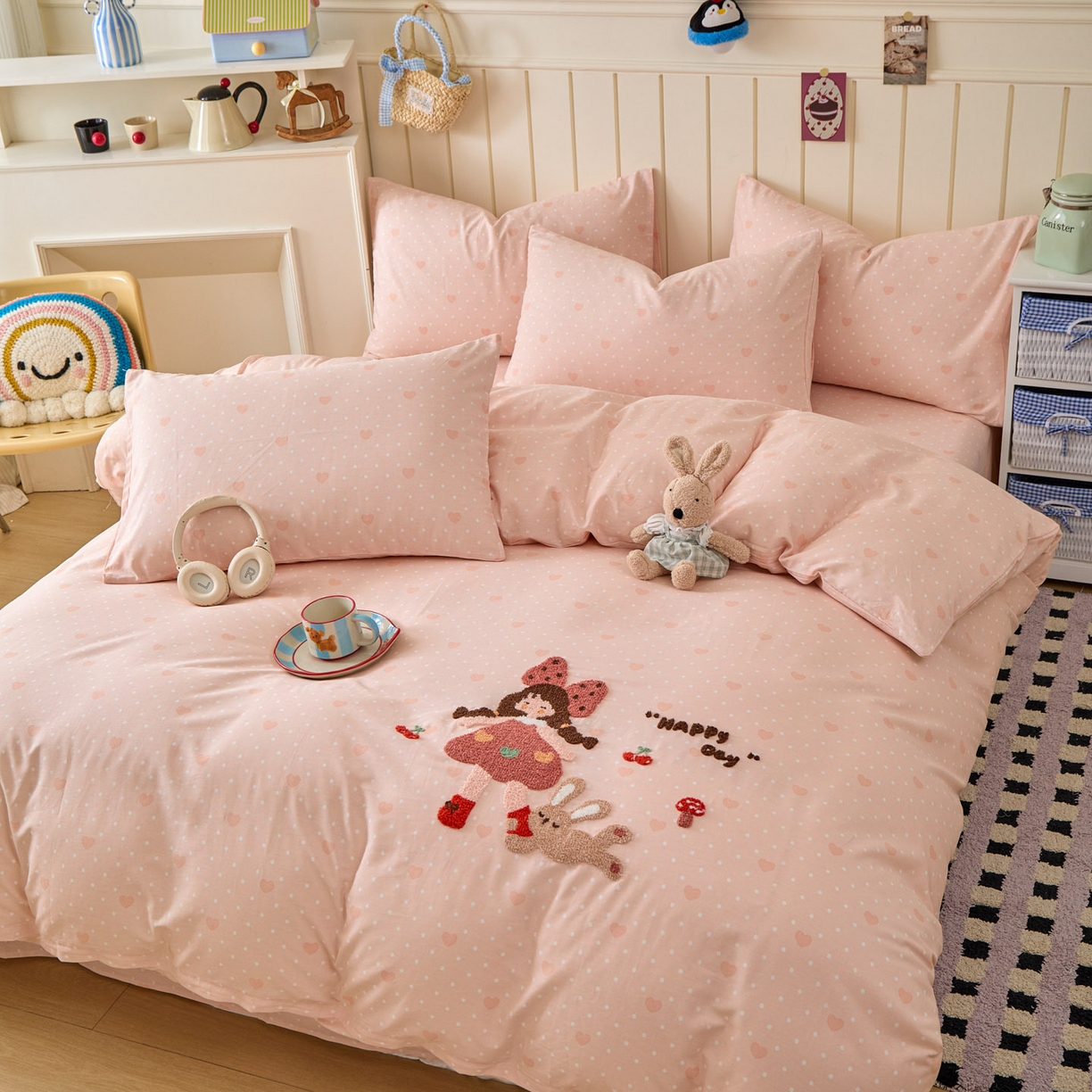 91家纺网 家纺一手货源 找家纺 倾慕家纺 2026新款全棉卡通毛巾绣系列单被套 小兔女孩