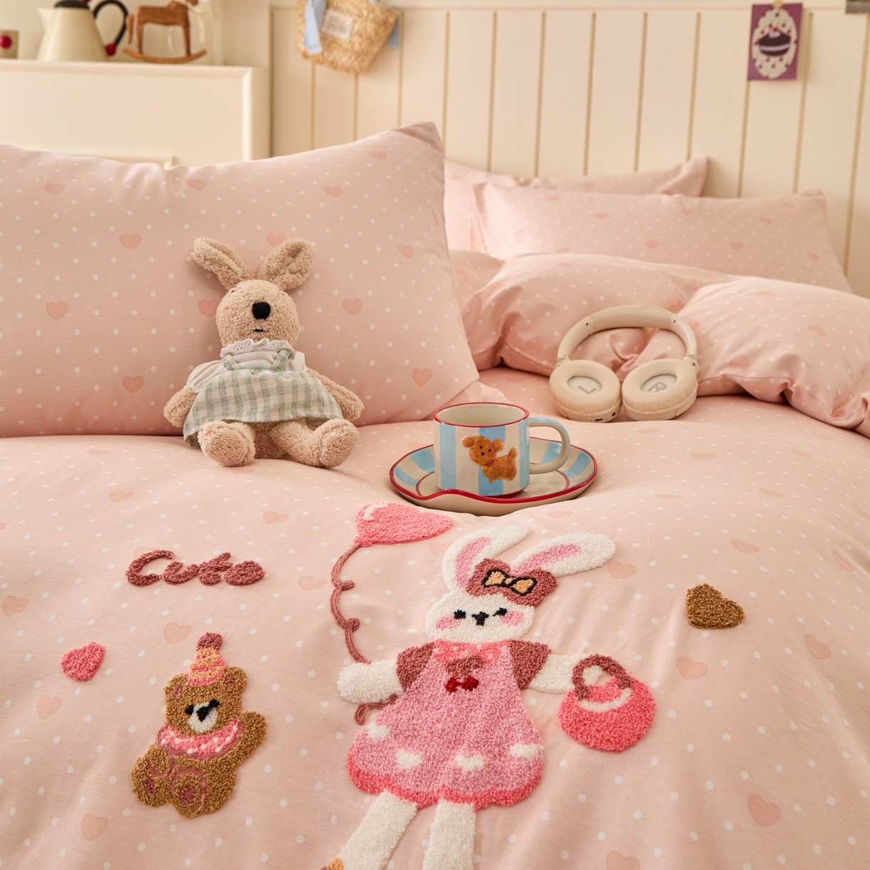 91家纺网 家纺一手货源 找家纺 倾慕家纺 2026新款全棉卡通毛巾绣系列单被套 兔兔熊