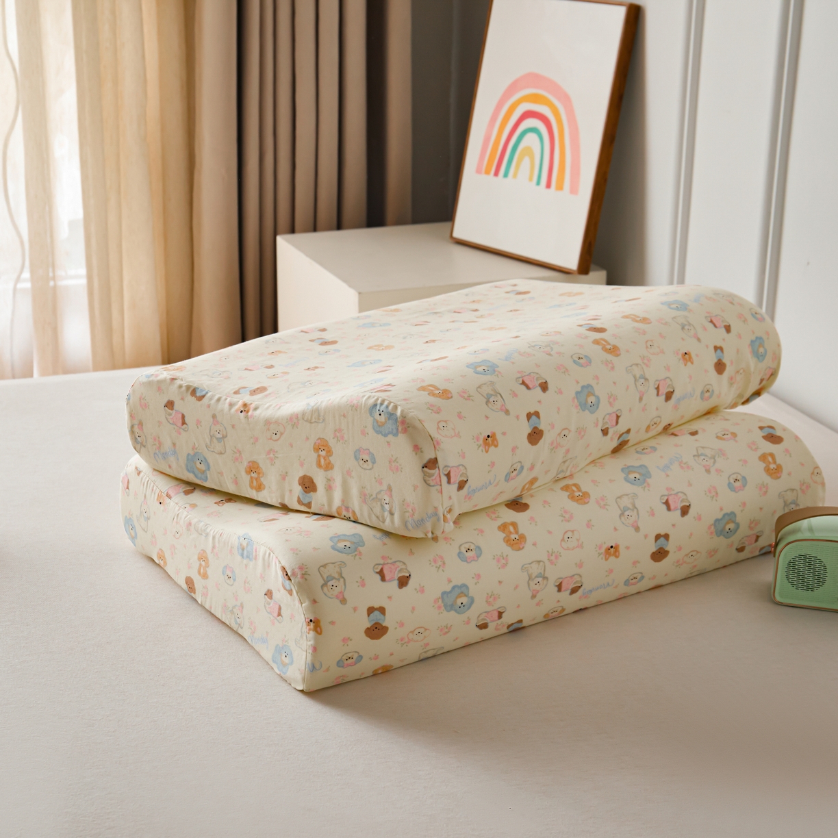 91家纺网 家纺一手货源 找家纺 百寐 2026新款全棉A类双层纱立体乳胶枕套纯棉纱布卡通碎花小清新枕套 立体-小泡芙