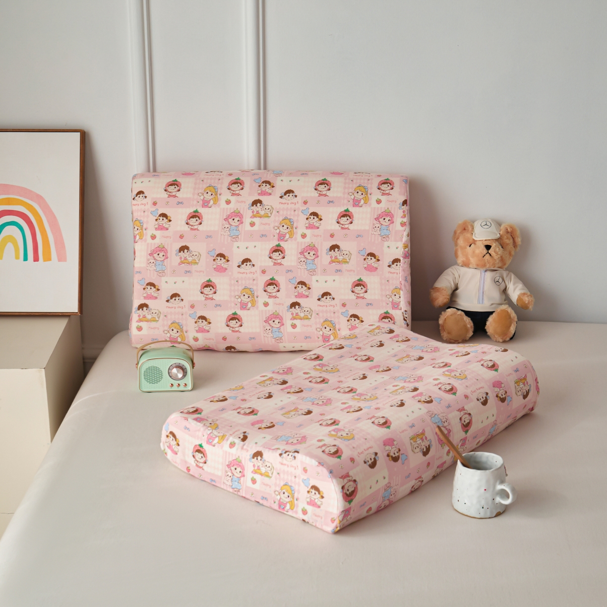 百寐 2026新款全棉A类双层纱立体乳胶枕套纯棉纱布卡通碎花小清新枕套 立体-草莓女孩