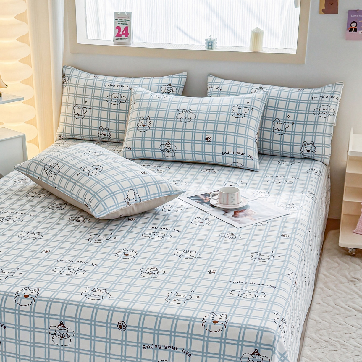 91家纺网 家纺一手货源 找家纺 小蓝孩家纺 2026新款12868全棉印花单床单(联系商家可打折，尺寸可定制) 忧郁棕熊