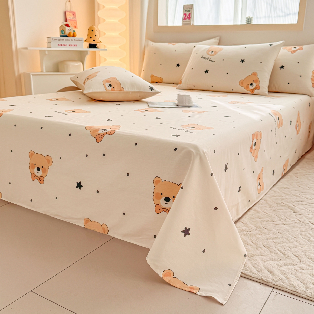 91家纺网 家纺一手货源 找家纺 小蓝孩家纺 2026新款12868全棉印花单床单(联系商家可打折，尺寸可定制) 领结熊宝