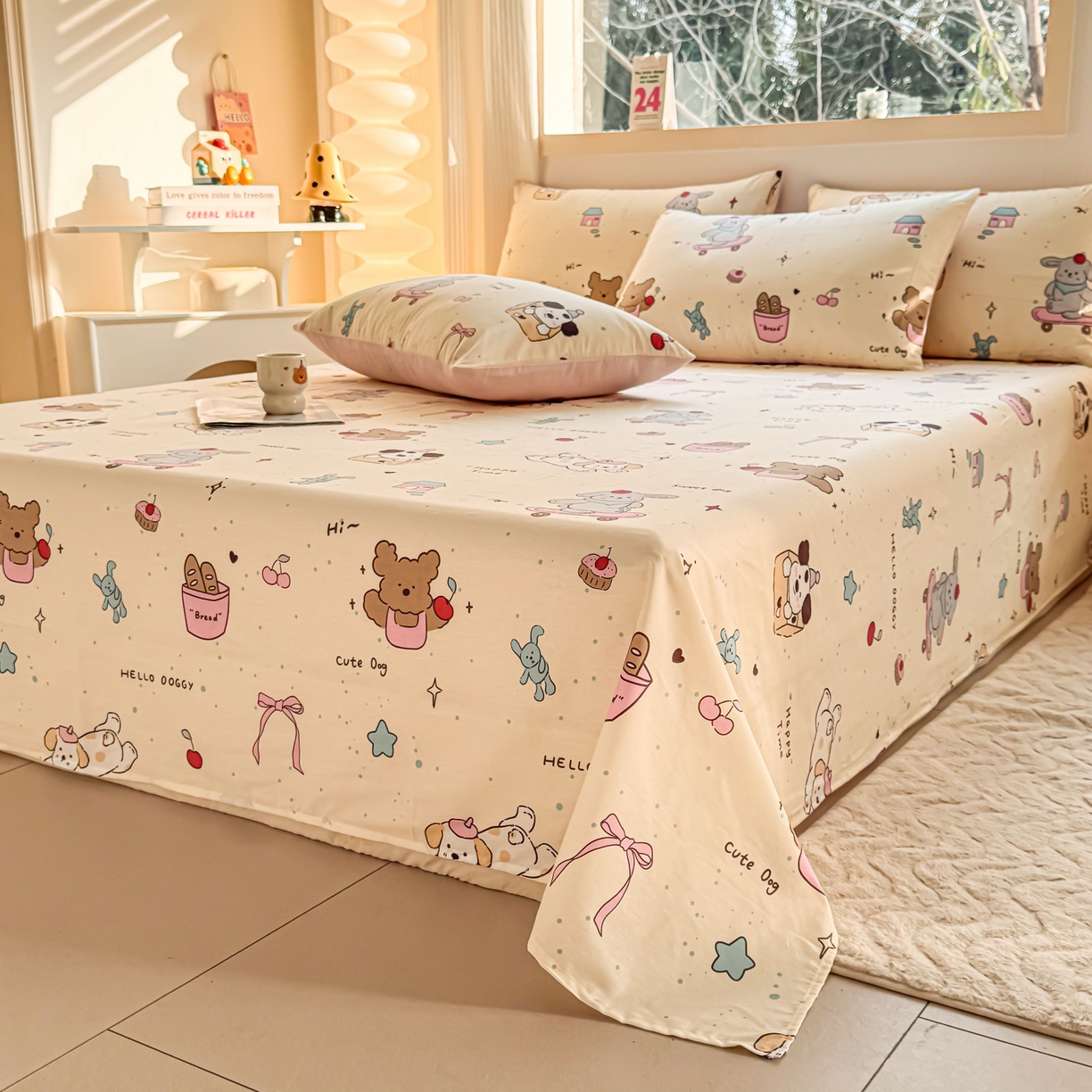 91家纺网 家纺一手货源 找家纺 小蓝孩家纺 2026新款12868全棉印花单床单(联系商家可打折，尺寸可定制) 可爱颂