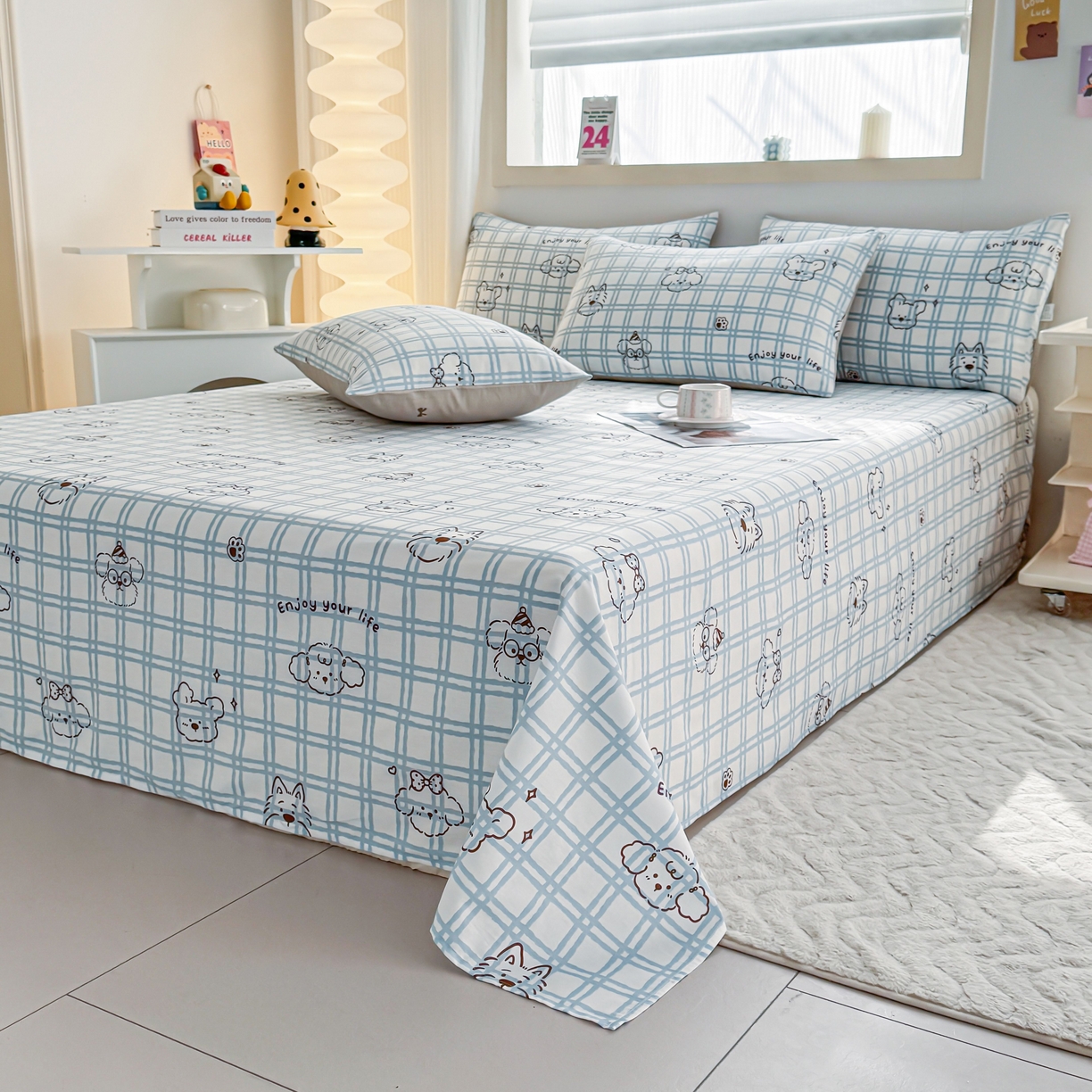 91家纺网 家纺一手货源 找家纺 小蓝孩家纺 2026新款12868全棉印花单床单(联系商家可打折，尺寸可定制) 忧郁棕熊