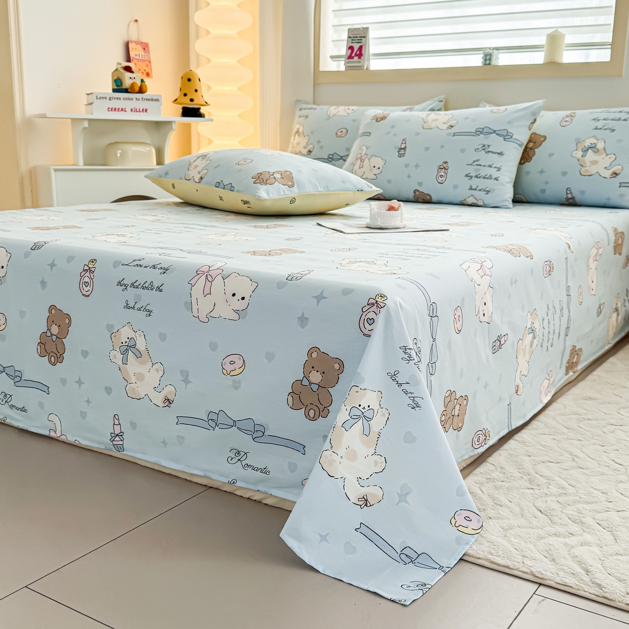 91家纺网 家纺一手货源 找家纺 小蓝孩家纺 2026新款12868全棉印花单床单(联系商家可打折，尺寸可定制) 奶油阿布-蓝